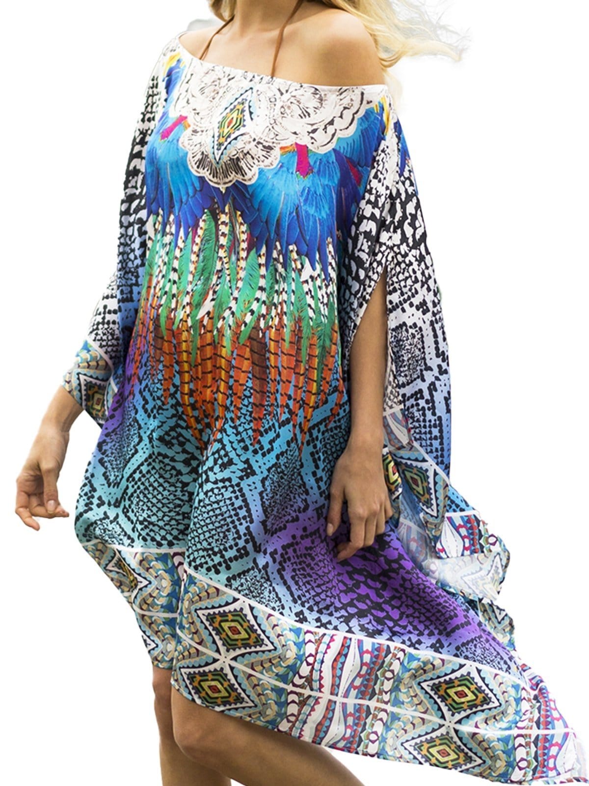 Vestido Kaftan Curto Cetim Estampado EXCLUSIVO Pala Penas Multicolorido