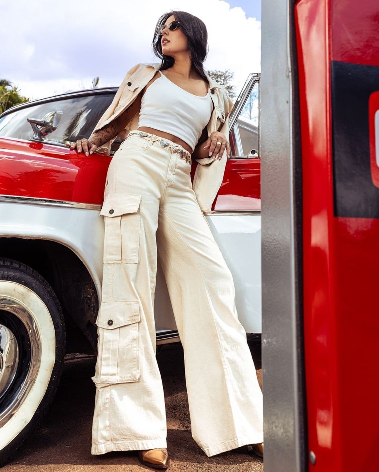 Calça Jeans Feminina Wide Leg Relaxed Cargo Cintura Baixa 24652 Off White