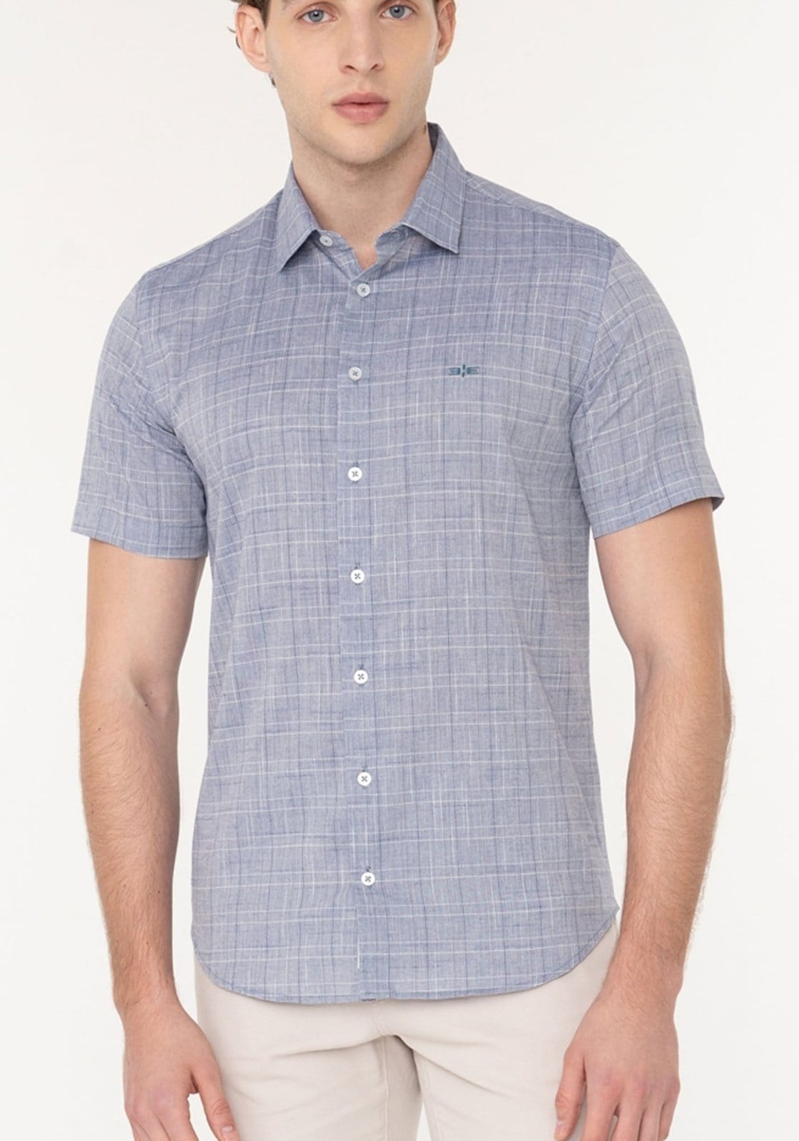 Vista principal Camisa Xadrez De Mangas Curtas Slim Fit Em Tecido Flamê Hangar 33 azul