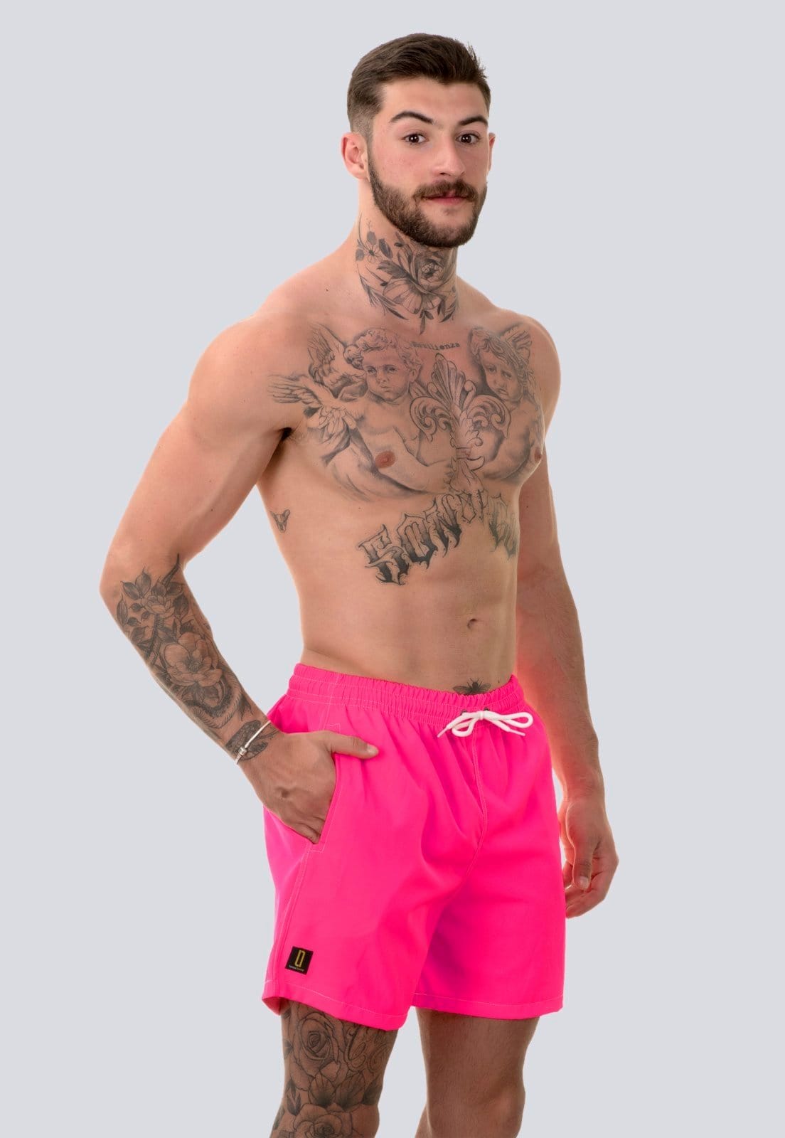 Vista 2 Kit 2 Short Masculino Bermuda Praia Mauricinho Jr Rf190 Rosa/Laranja Lucas Lunny neon