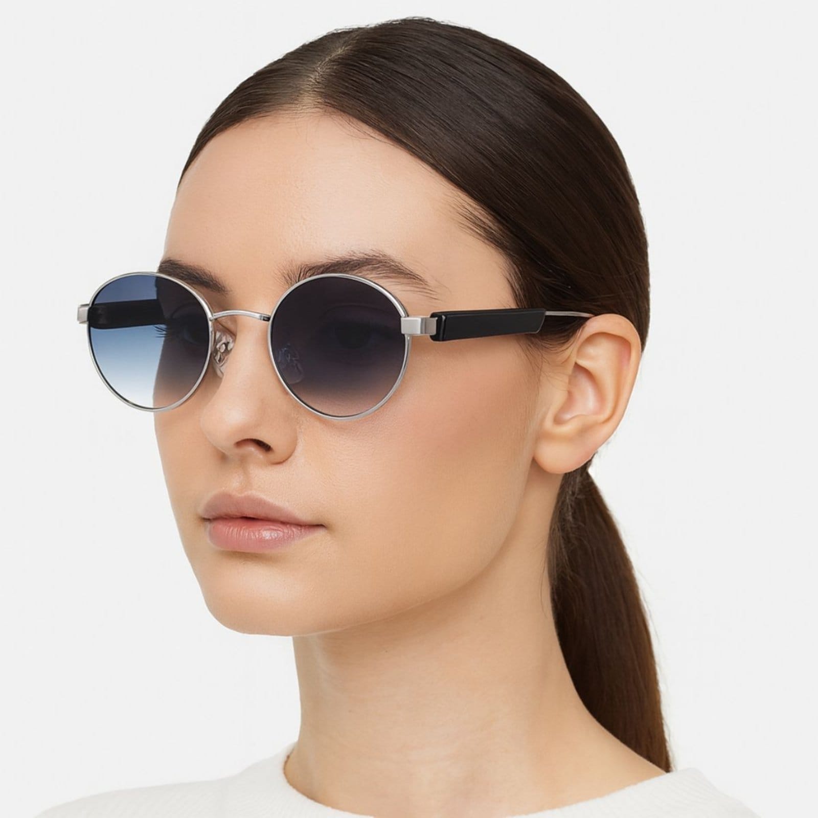 Vista 2 Óculos Redondo Prata Lentes Degradê Moderno FMF azul