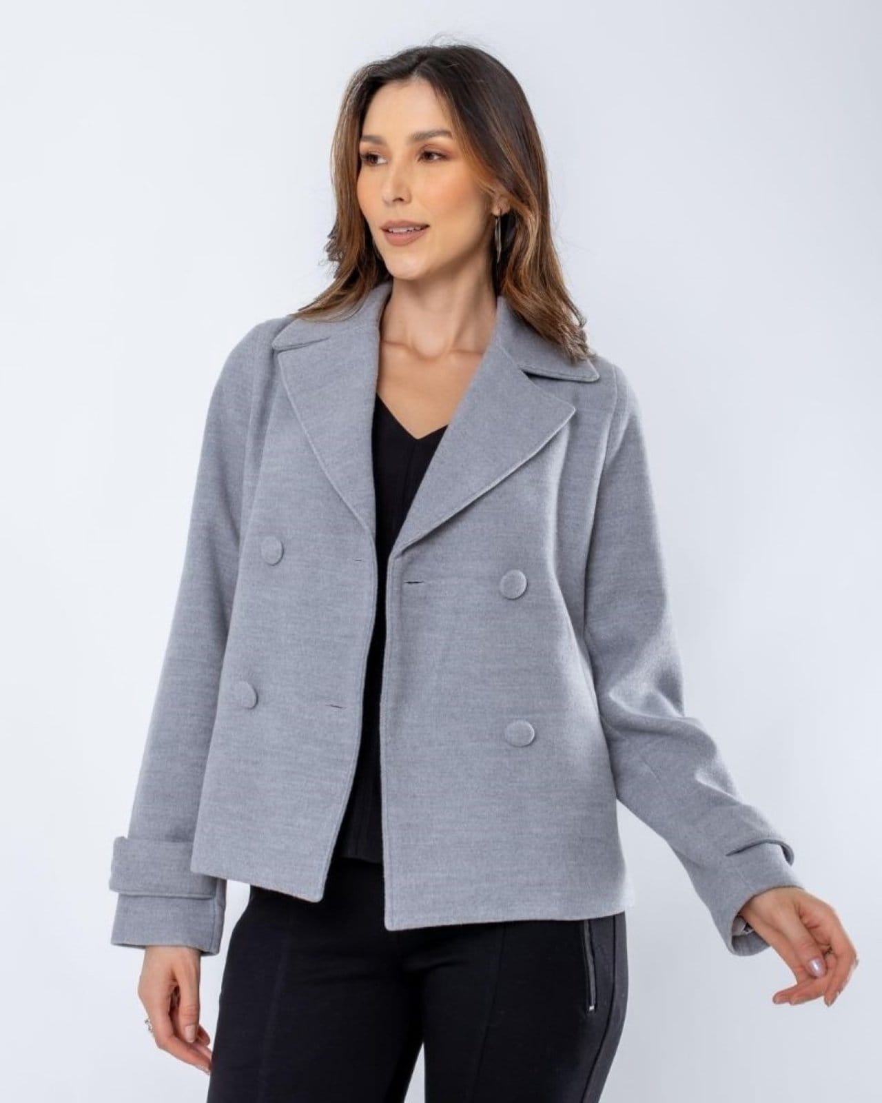 Vista 2 Casaco Curto Transpassado de Lã Batida Elsa POLLEN cinza