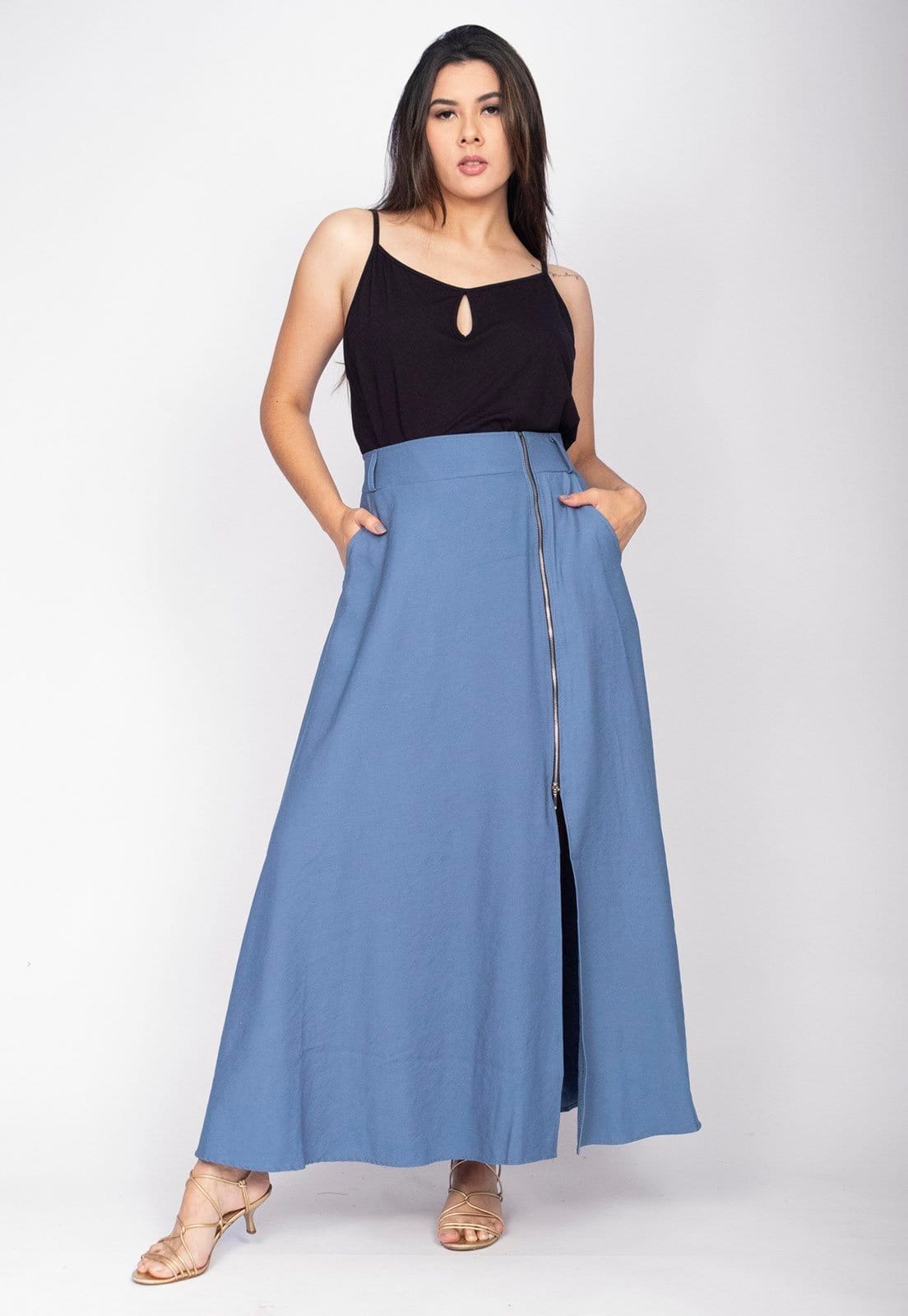 Vista principal Saia Midi com Zíper Blue Cabanafree azul blue