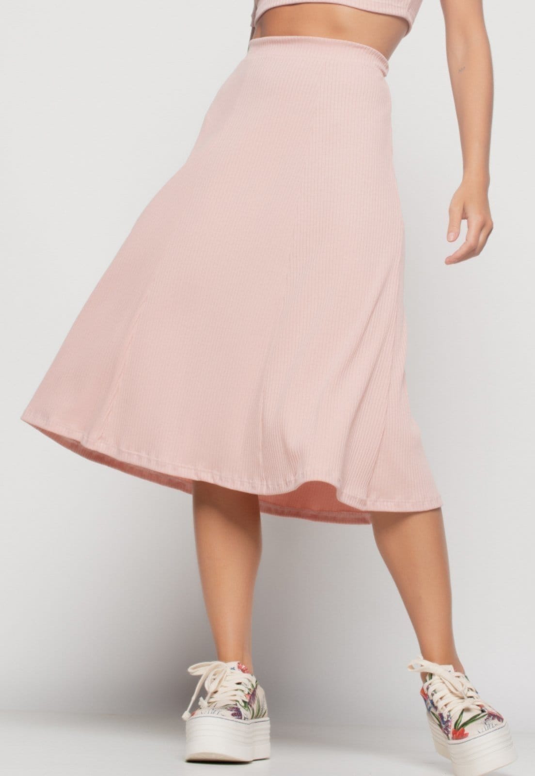 Vista 2 Saia Salvatore Midi Godê Canelada Claro Salvatore Fashion rosa