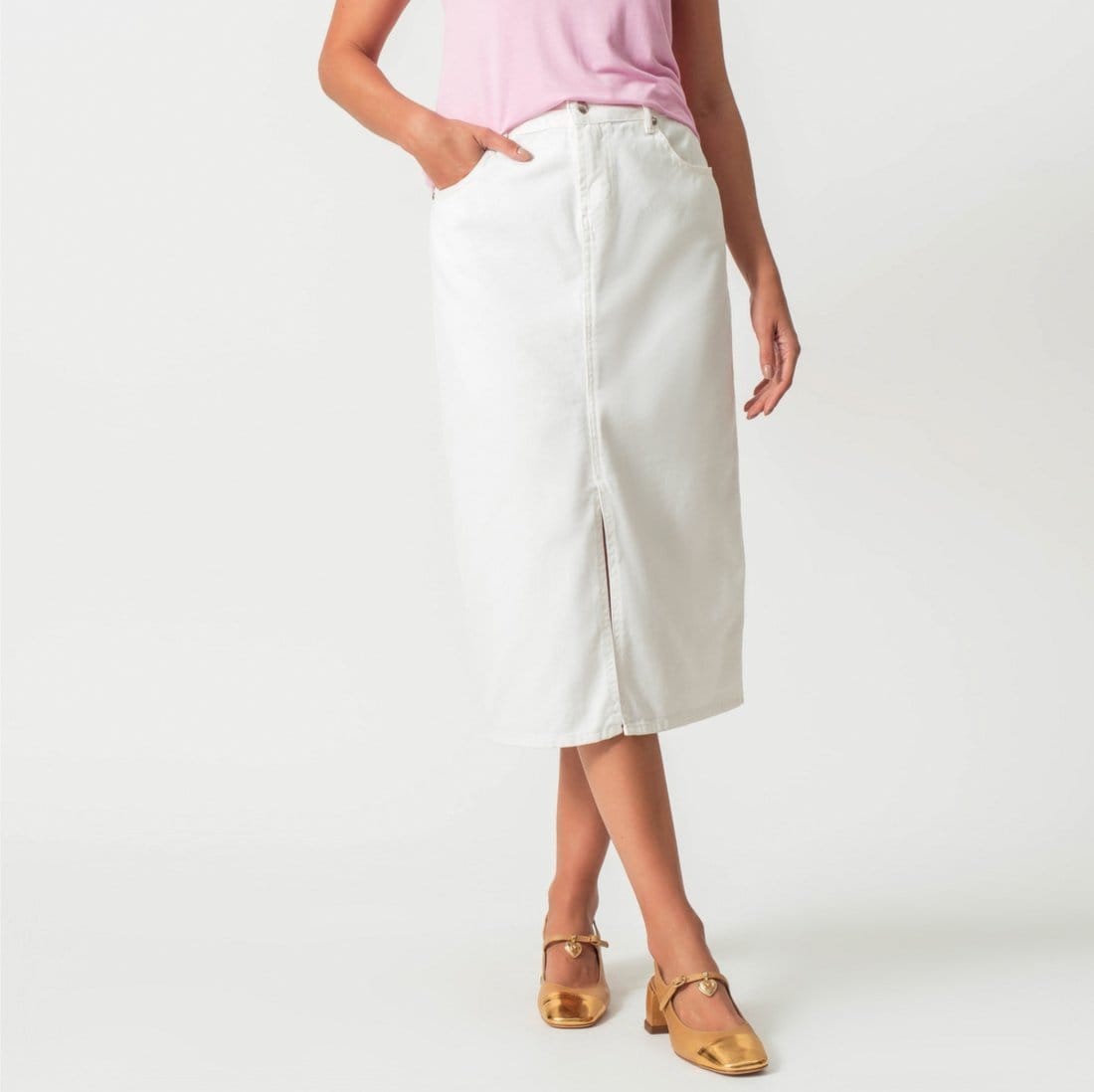 Vista principal Saia Midi Jeans Color Reta Fenda Frontal Branca Bloom branco