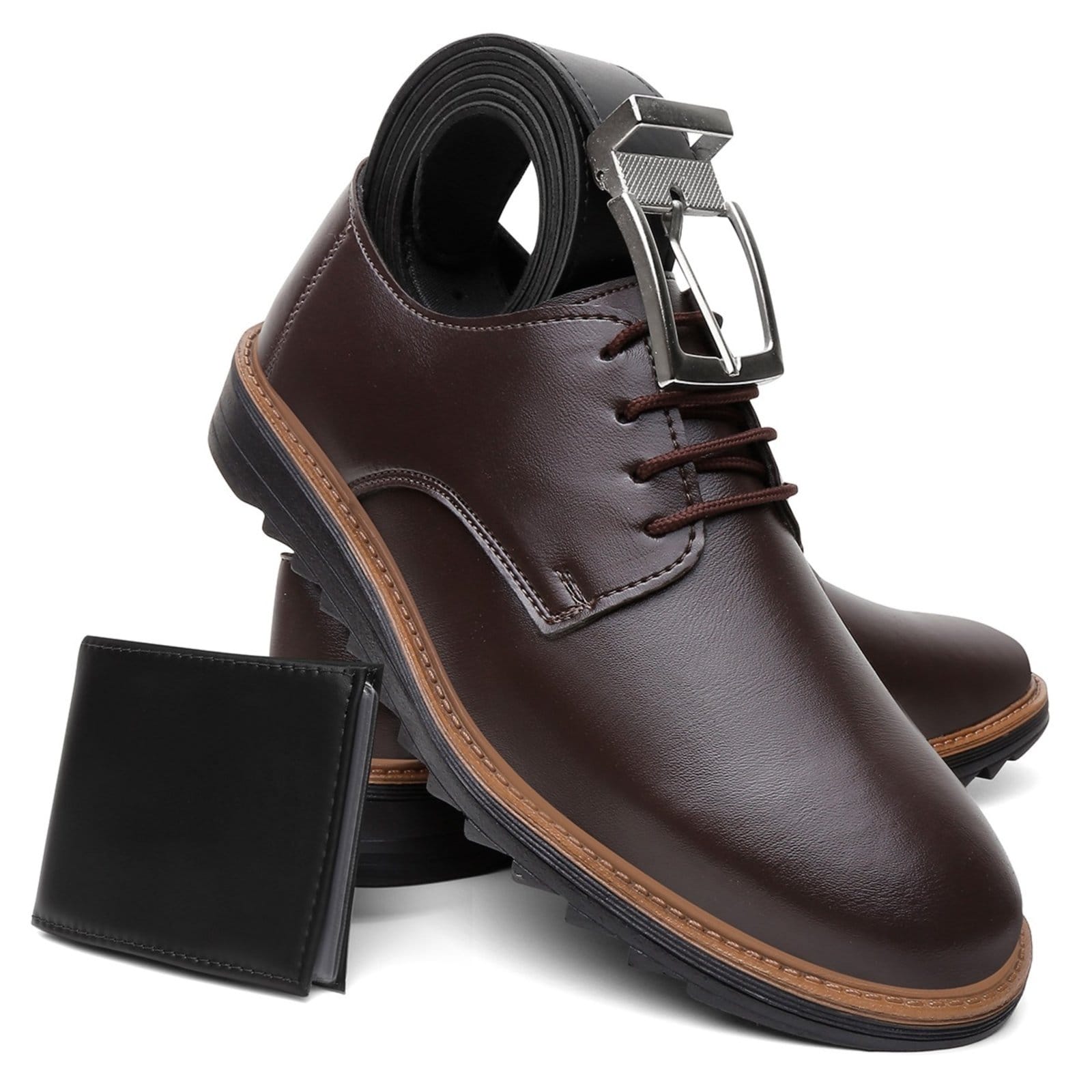 Vista principal Sapato Casual Masculino A. Andrade Derby Amarrar Brogue Conforto Moda Kit Carteira e Cinto Anna Andrade café