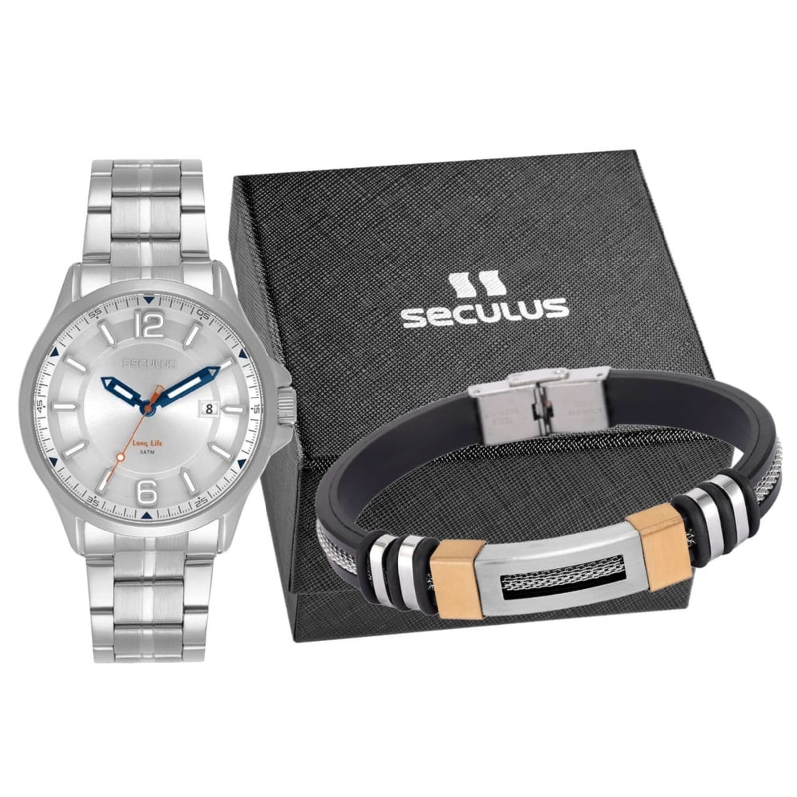 Vista principal Kit Relógio Masculino Analógico com Pulseira Seculus prata