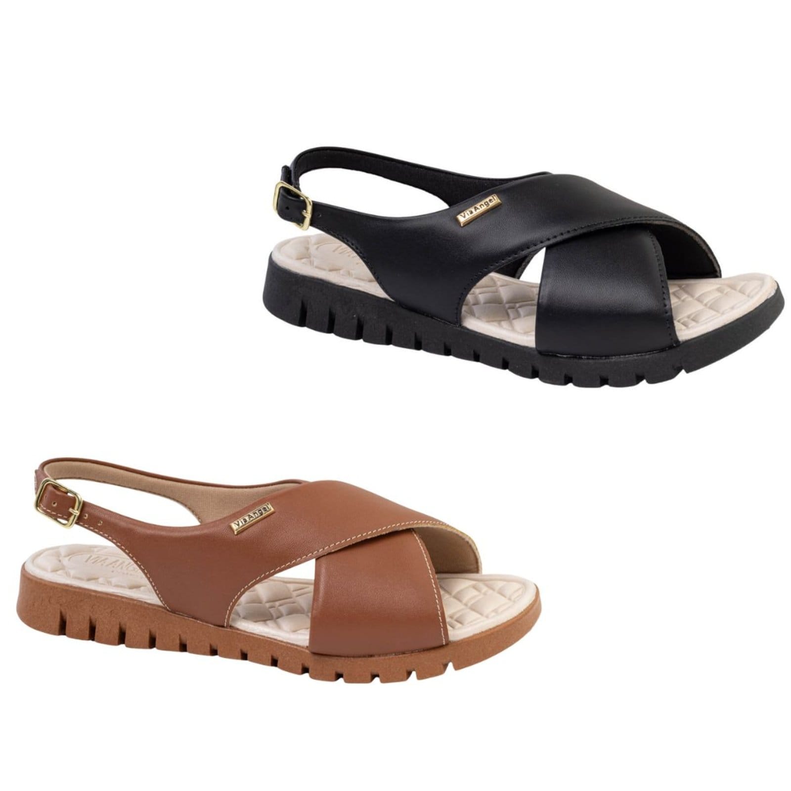 KIT 2 Sandália Feminina Ortopédica Via Angel Tratorada de X Confortável Estilosa 76.05 Preto e Caramelo