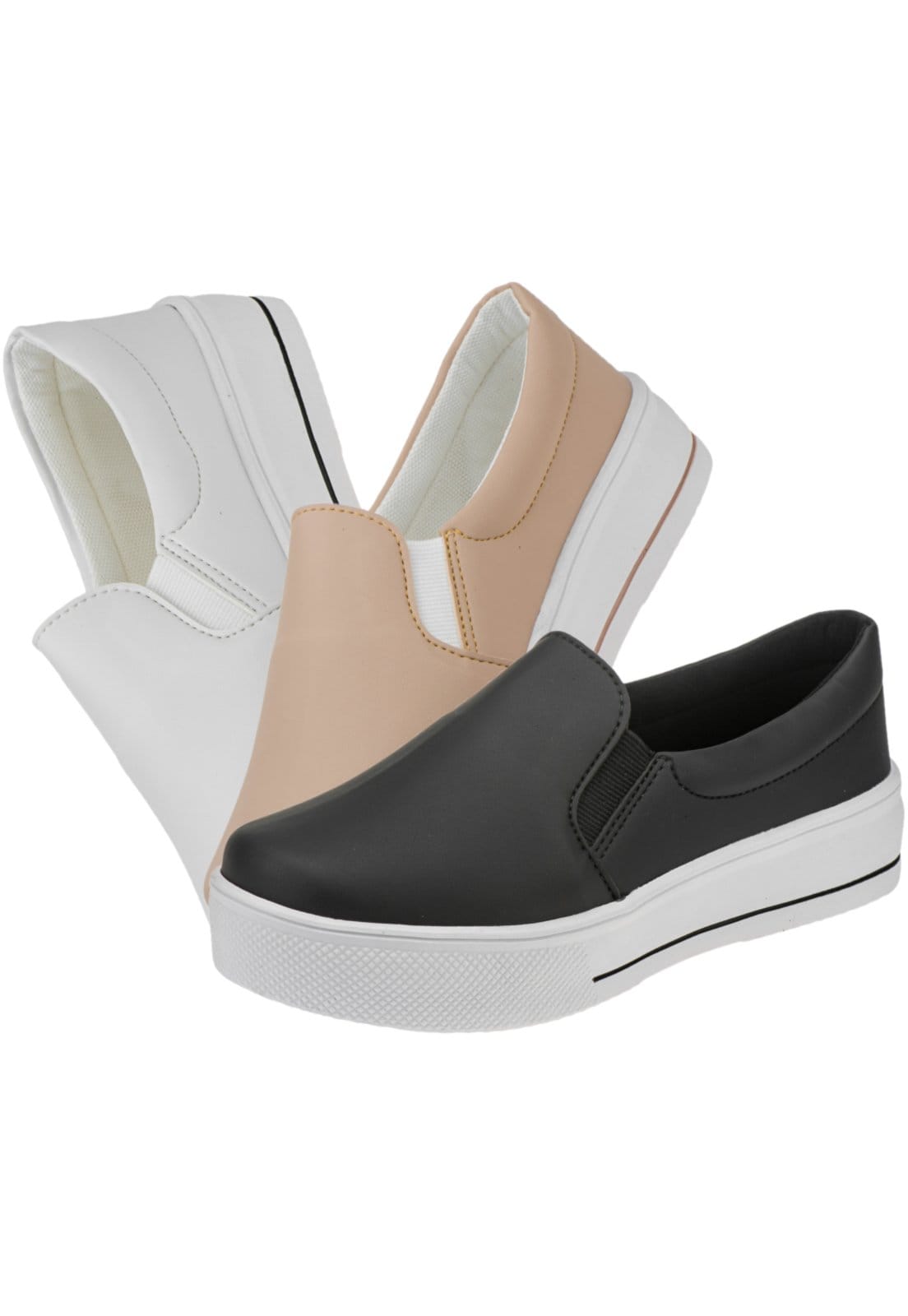 Kit 03 Pares Tênis Casual Lumiss Slip On Calce Fácil Nude/Preto/Branco