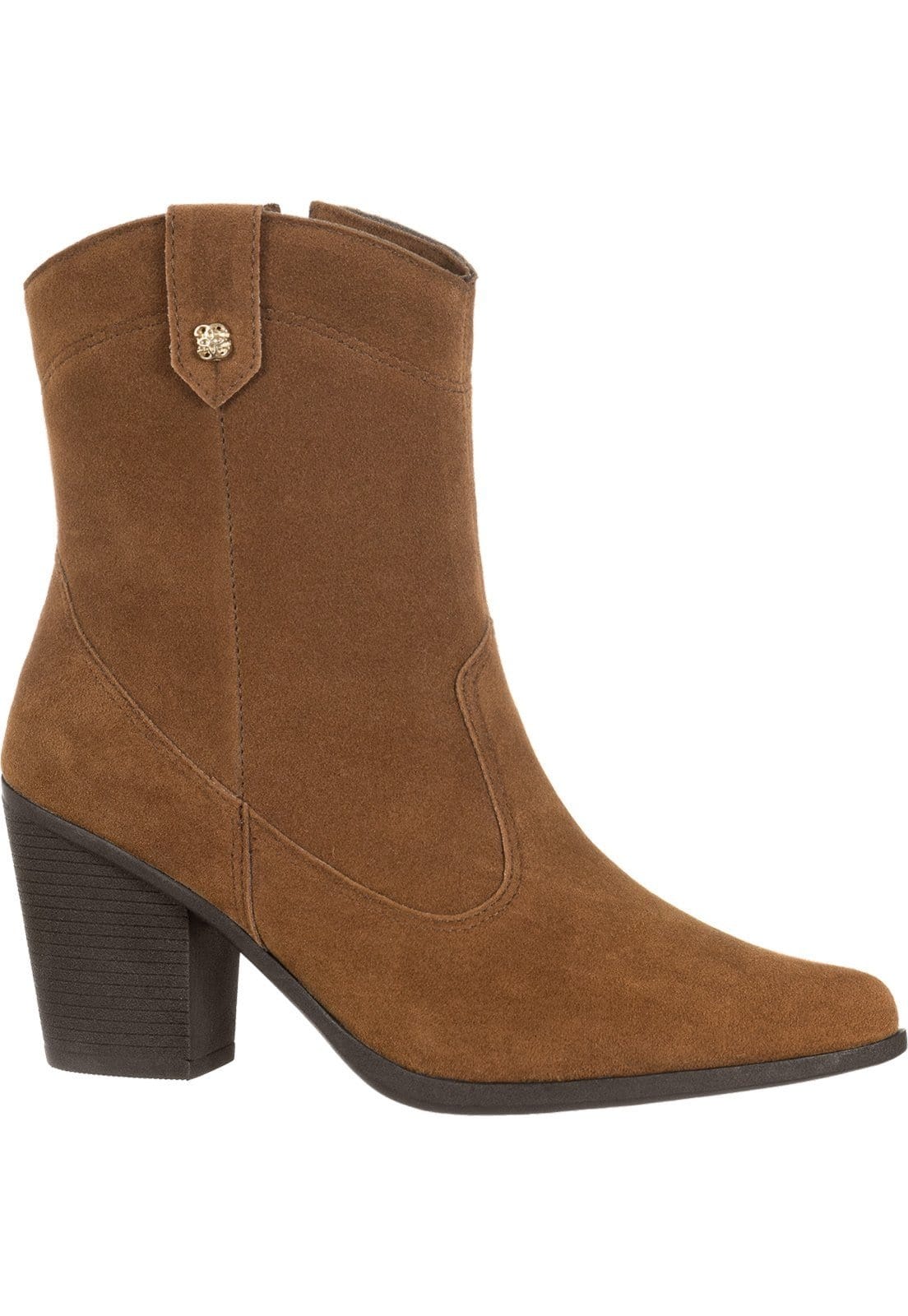 Vista 2 Bota Texana Feminina GiGiL Western Cano Curto Salto Médio Country Camurça Gigil caramelo/estampado