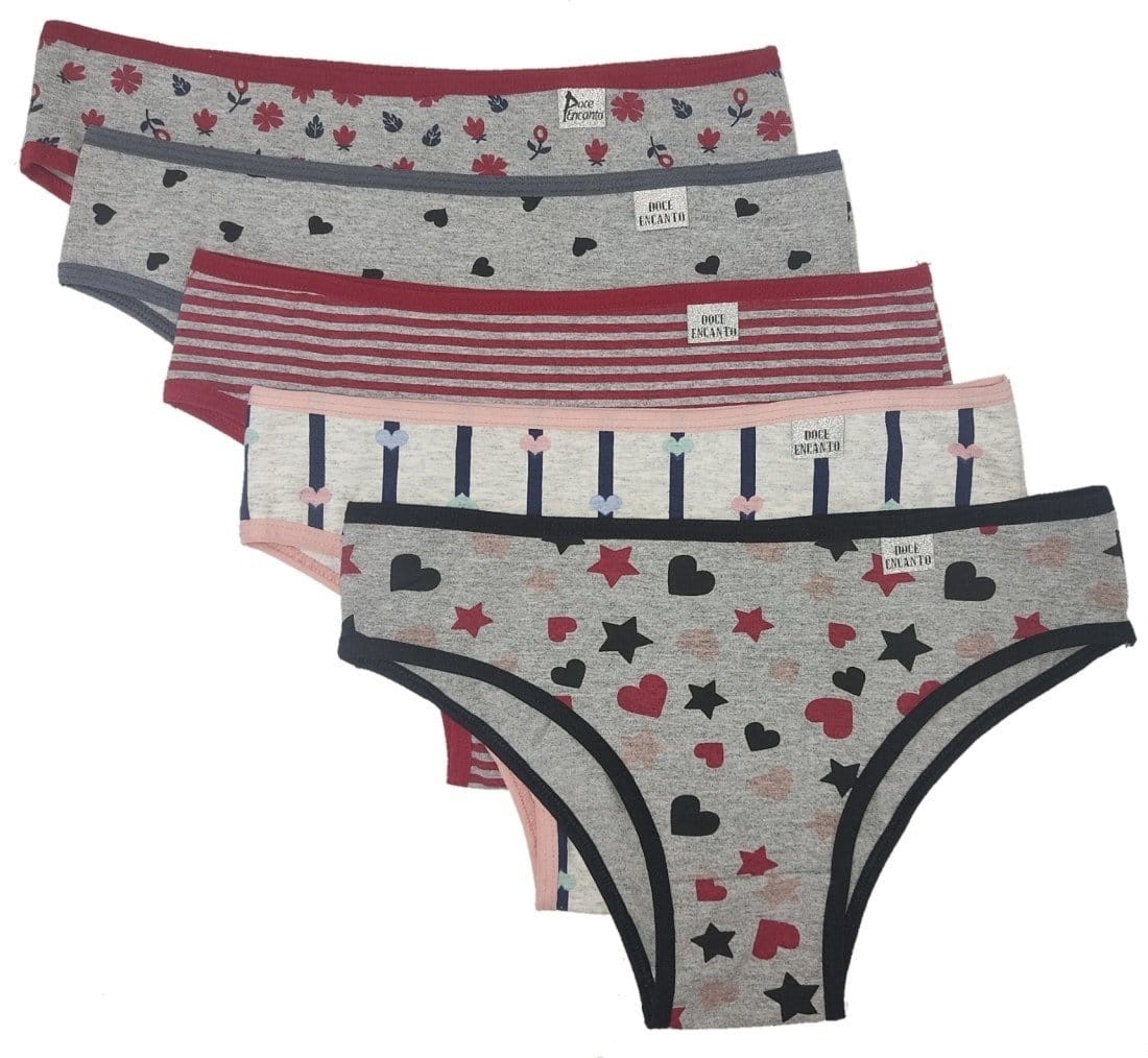 Vista 2 KIT COM 05 CALCINHAS DE ALGODÁO ESTAMPADO DOCE ENCANTO REF 090 Doce Encanto amarelo/azul/bege/branco/preto/verde/vermelho