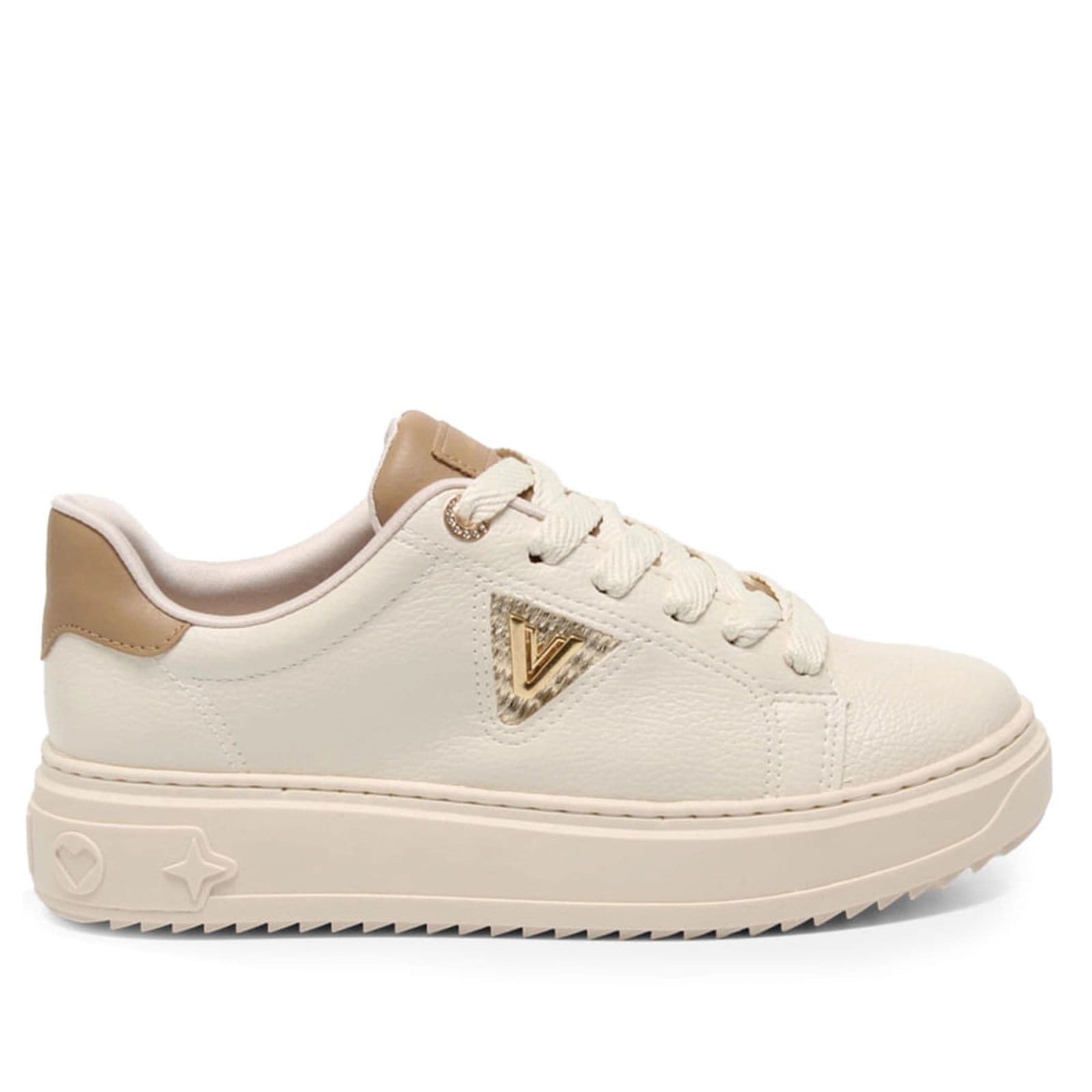 Tênis Feminino Via Marte Flatform Strass Off White/Dourado