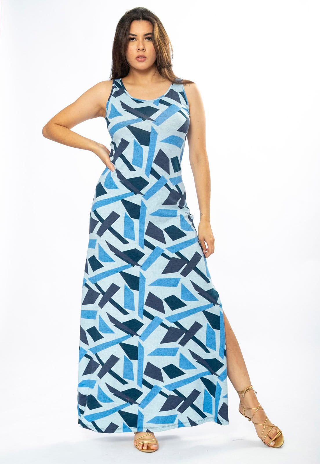 Vestido Longo Amazônia Vital Butiá Malha Regata Estampa Caminhos de Azul
