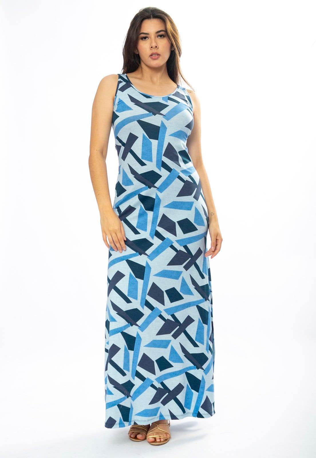 Vista 2 Vestido Longo Amazônia Vital Butiá Malha Regata Estampa Caminhos de Azul Amazonia Vital azul marinho/estampado
