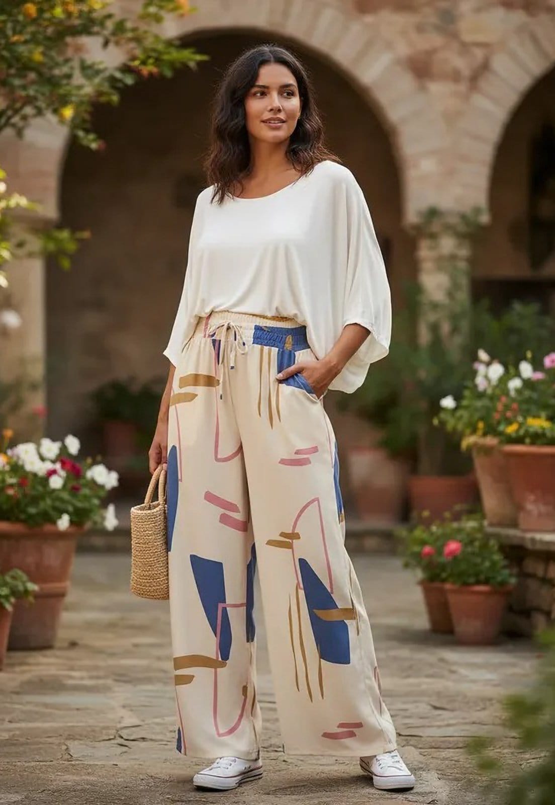 Calça CabanaFree Pantalona Elastic Estampa Creme Organic