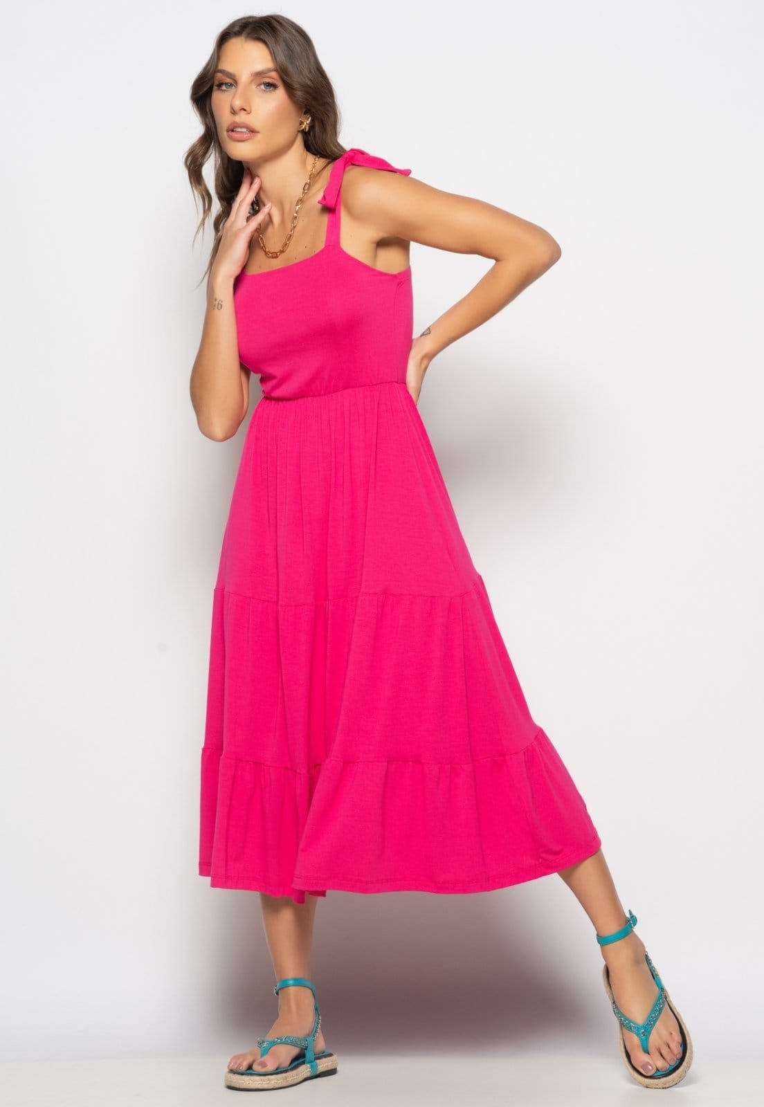 Vestido Midi Babado Com Alça Amarração Malha Salvatore Pink