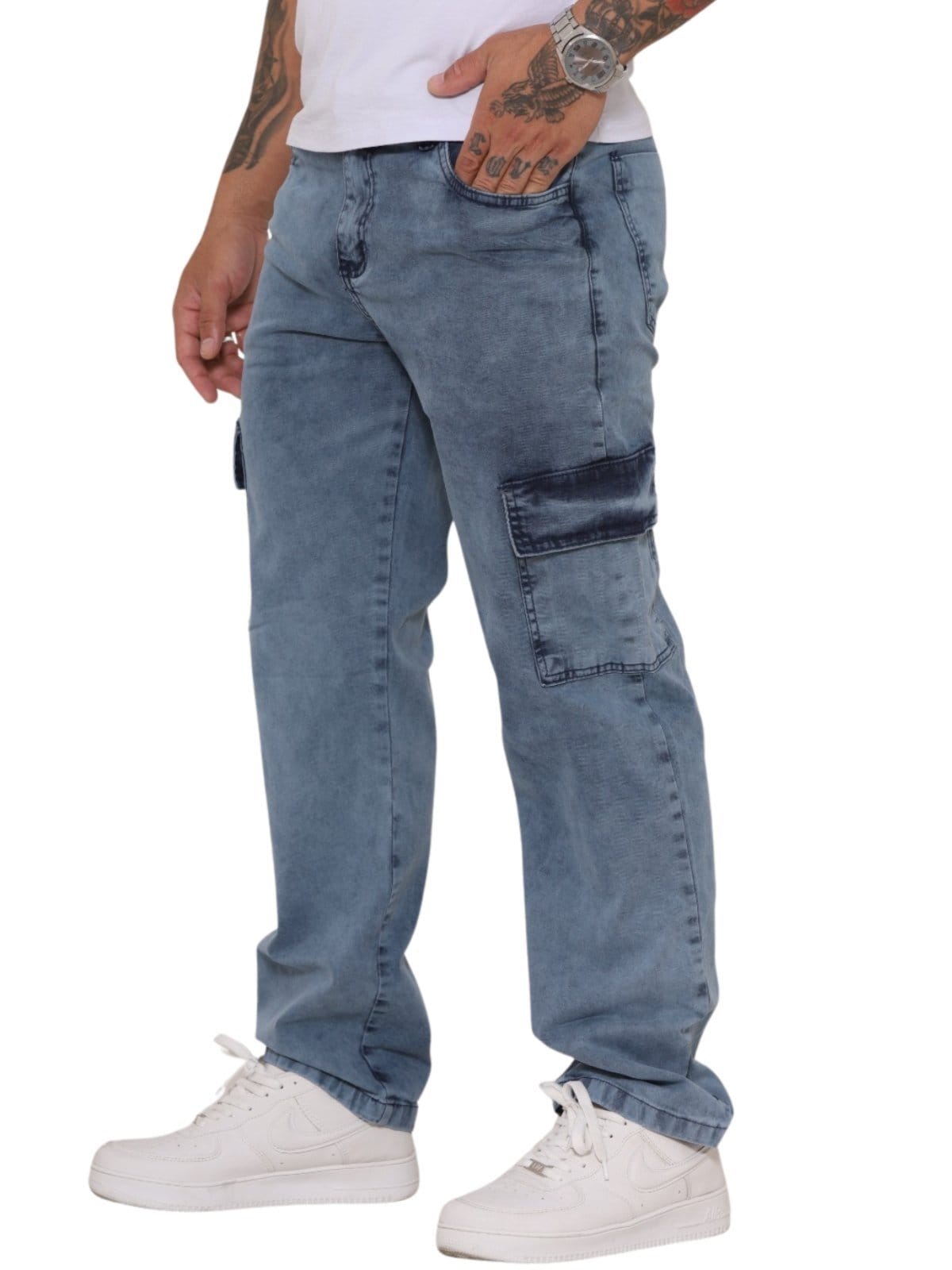 Vista 2 Calça Masculina Jeans Light Cargo Jeans Manchado Estilo Streetwear com Bolsos Laterais JEANS LIGHT azul
