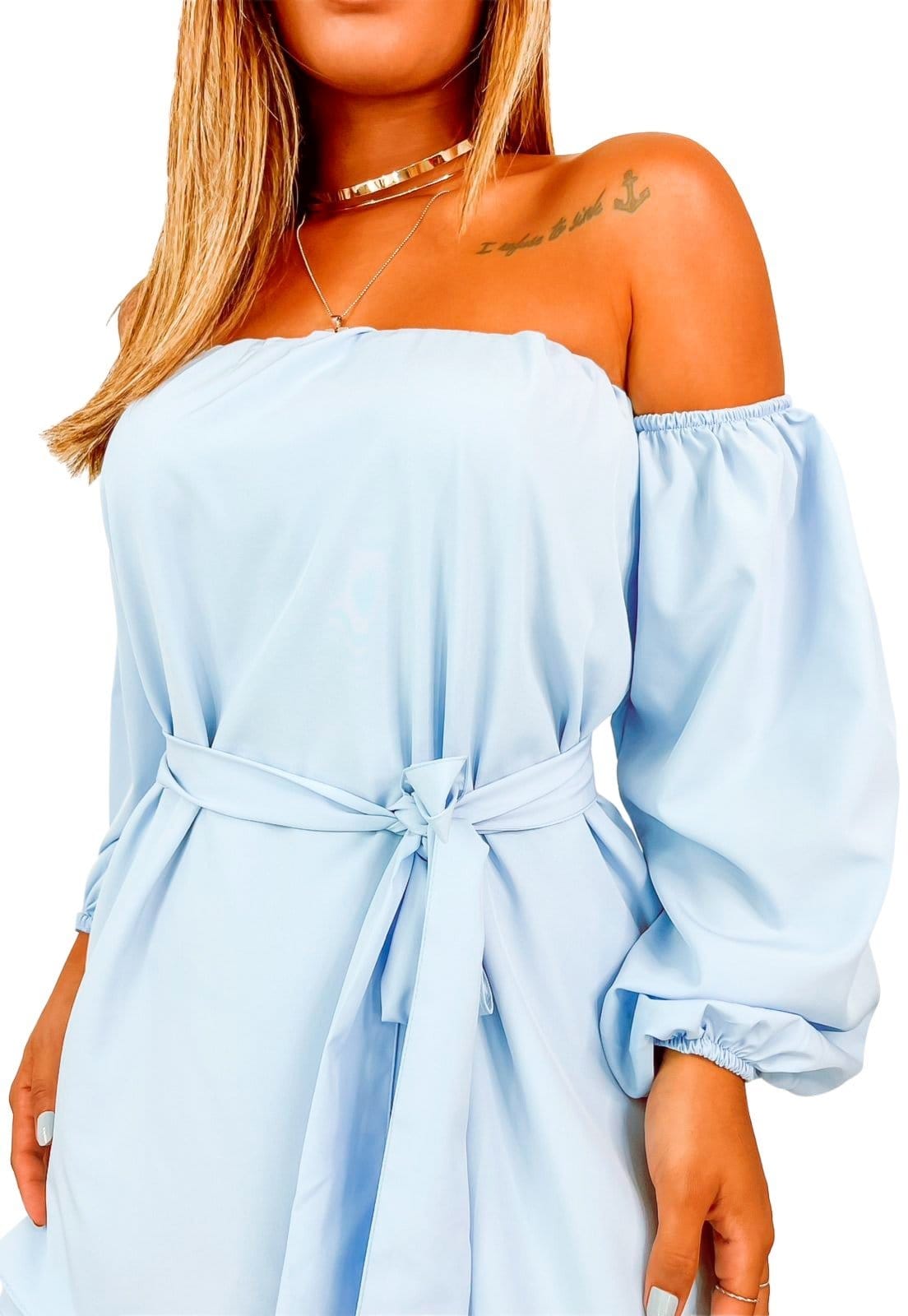 Vista 2 Macaquinho Feminino YWC ind Soltinho Ciganinha Godê Com Cinto YWC ind azul