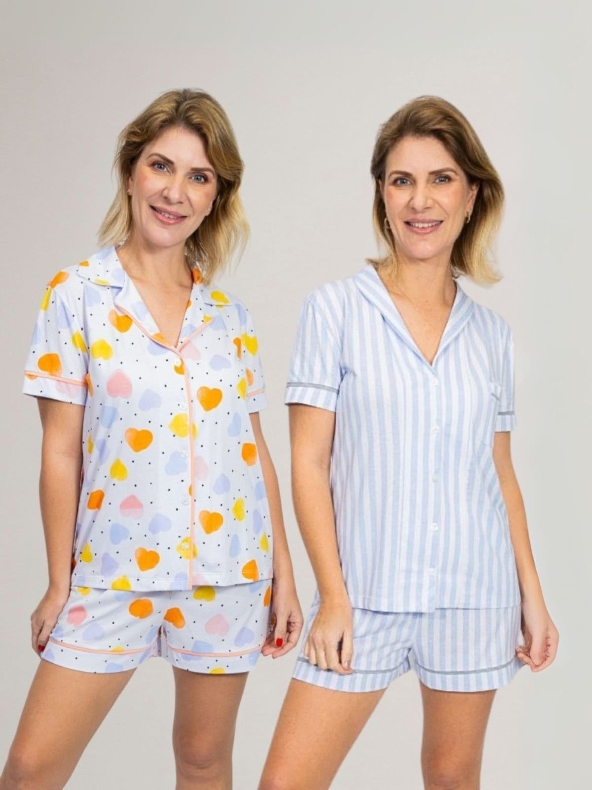 KIT Pijama Americano Curto Listrado Azul + Pijama Americano Curto Coração Colorido