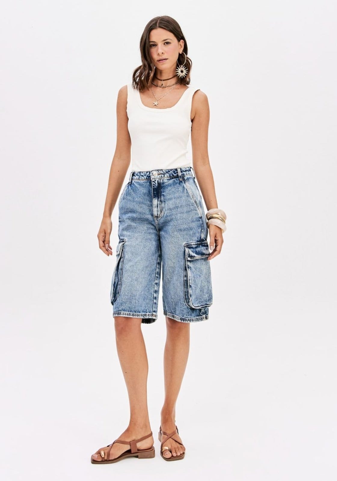 Vista principal Bermuda Jeans Cargo Cintura Alta My Favorite Things azul