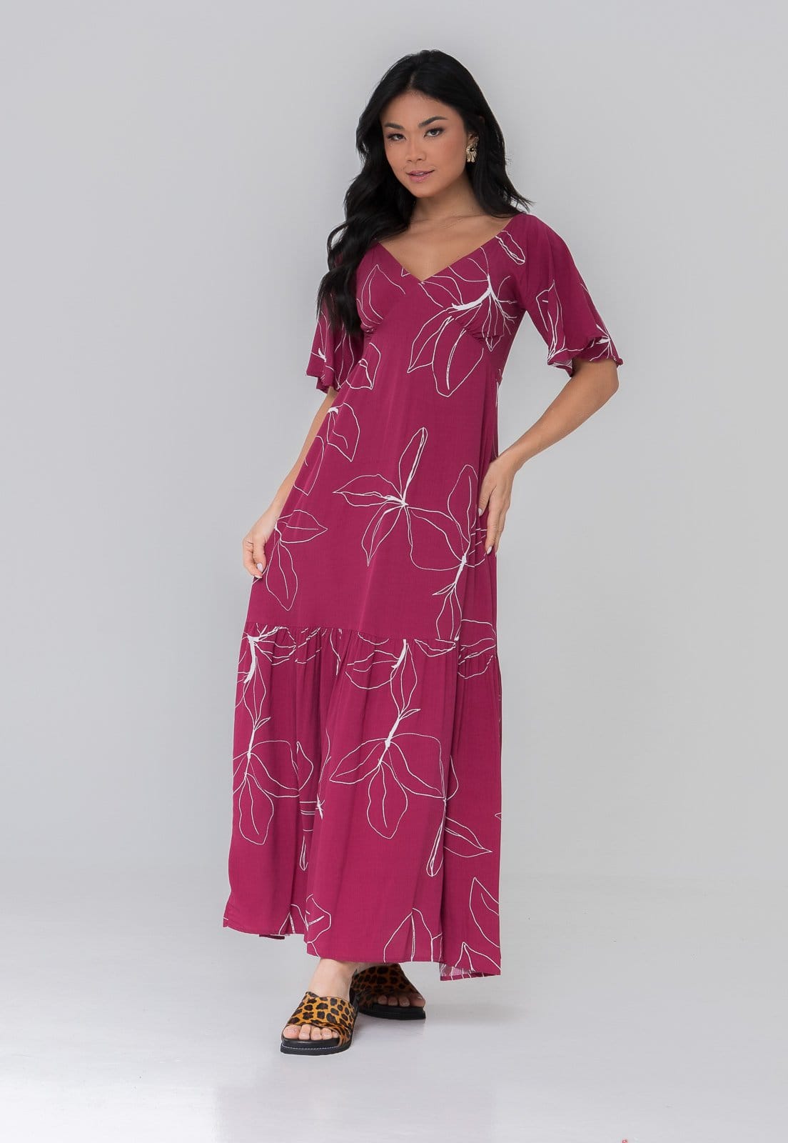 Vista principal Vestido Aura Longo Madrid Flor Aura vinho