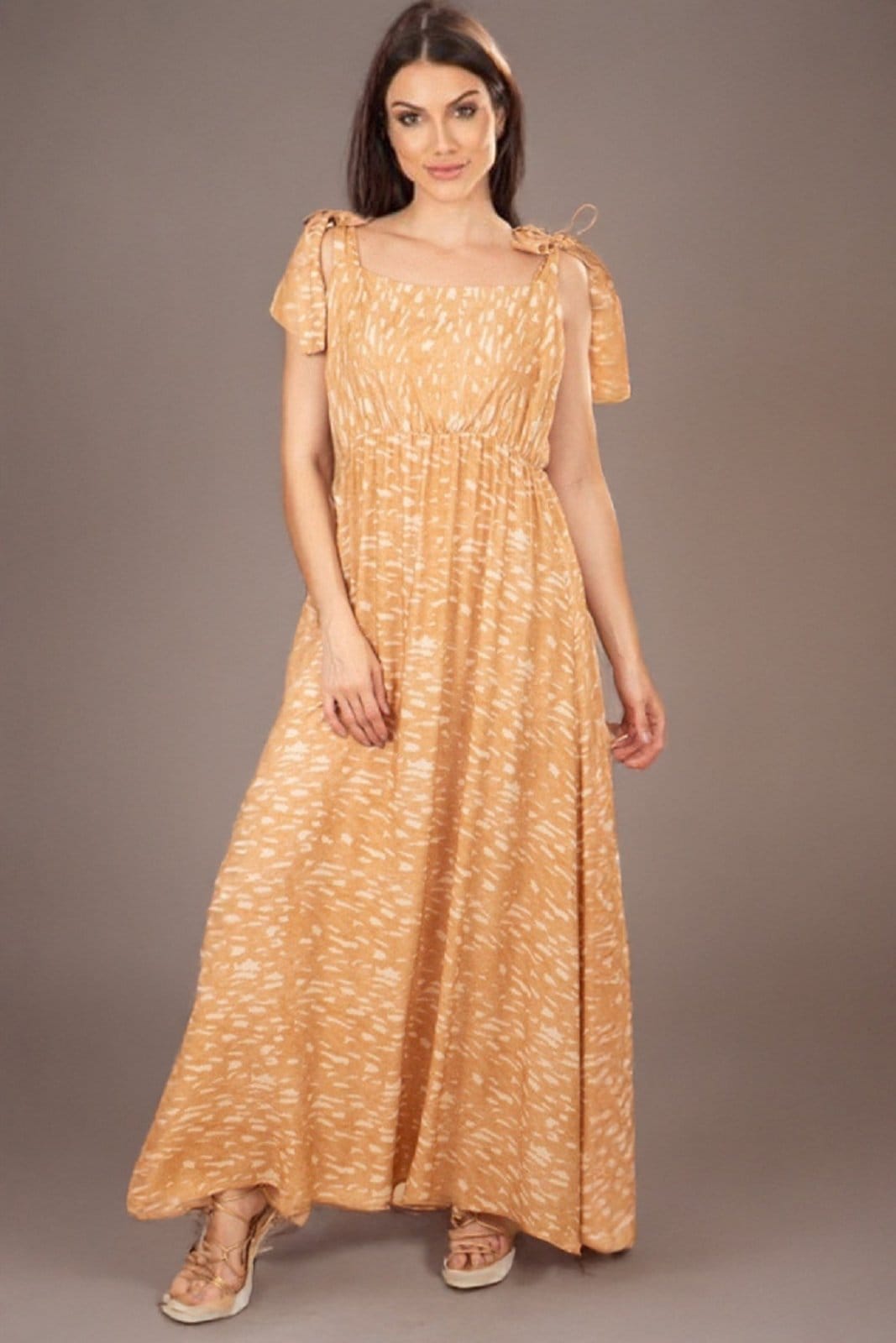 Vista 2 Vestido Longo Amazonia Vital Viscose com Amarração no Ombro Dunas Do Nordeste Amazonia Vital amarelo/estampado