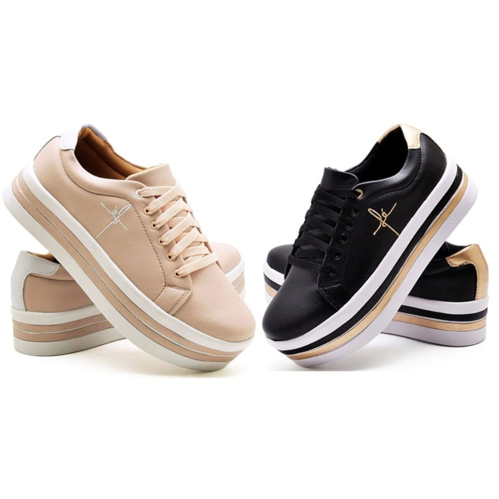 Vista principal Kit 2 Tênis Feminino GuGi Plataforma Bordado Fé Detalhes Laterais Da Sola Preto e Gugi nude/preto nude