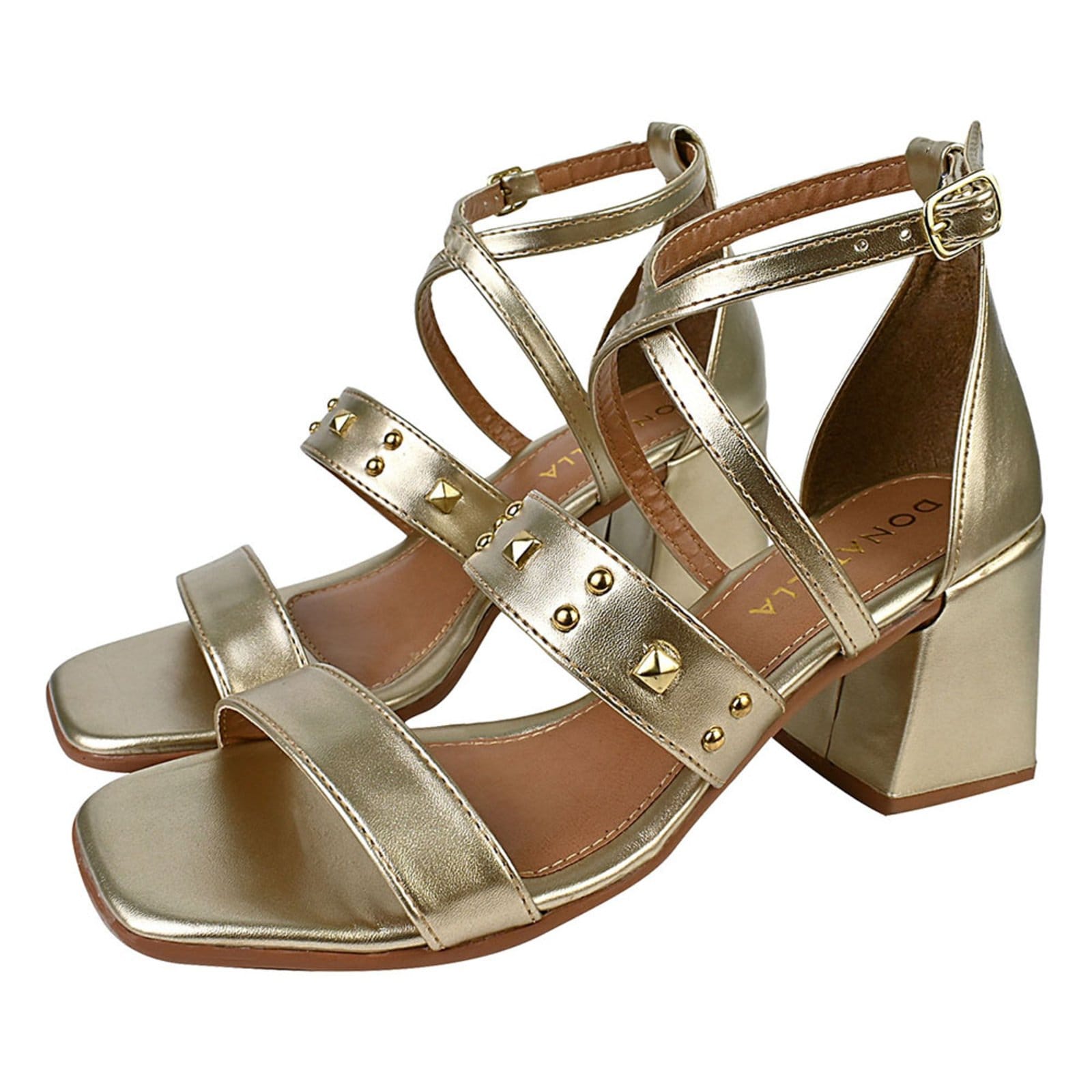 Sandália Feminina Salto Alto Donatella Shoes Bico Quadrado Casual Spike Hotfix Metalizada Ouro Light