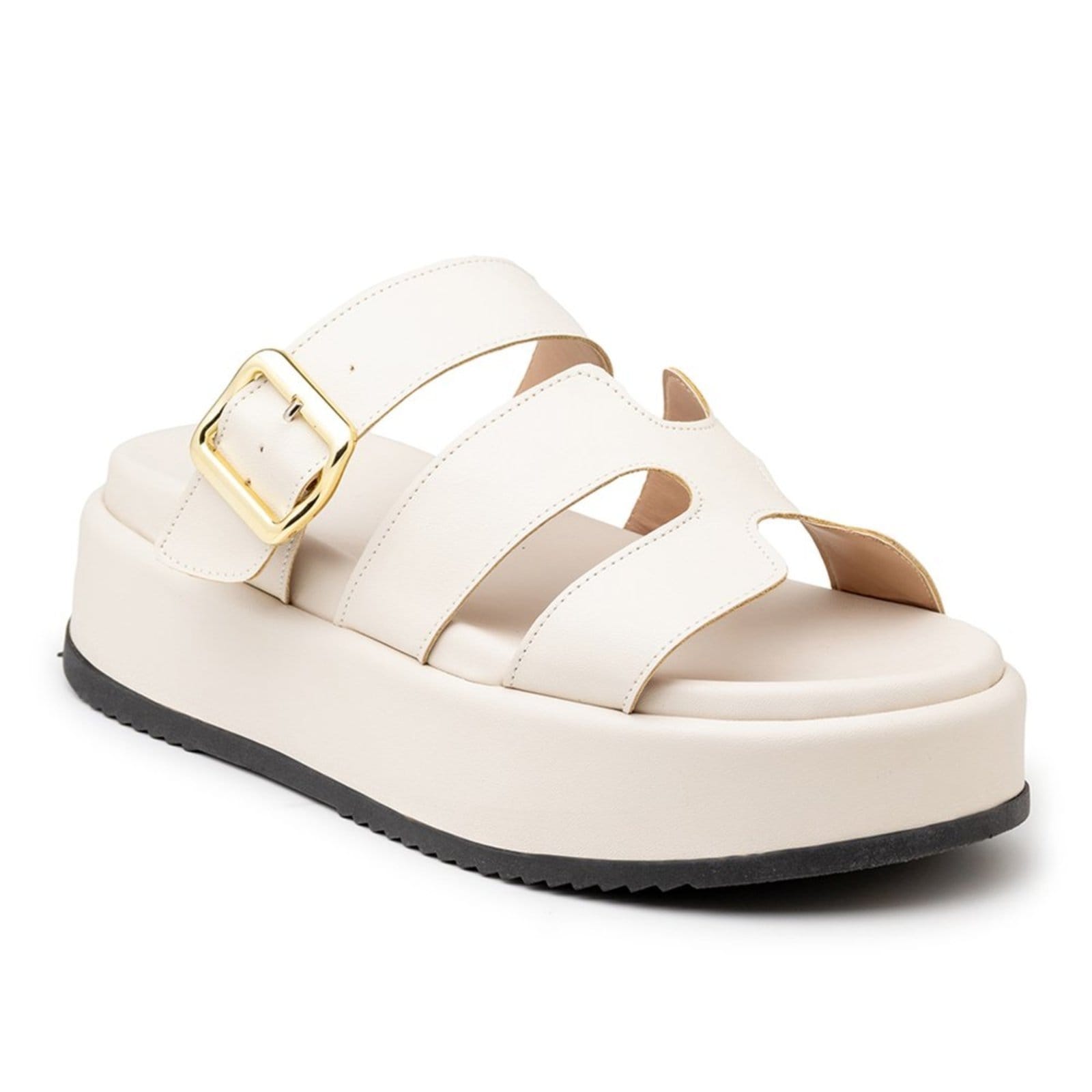 Vista 2 Sandália Feminina Papete Flatform Tira com Fivela 5301 Off White- Violeta Flor da Pele off-white white