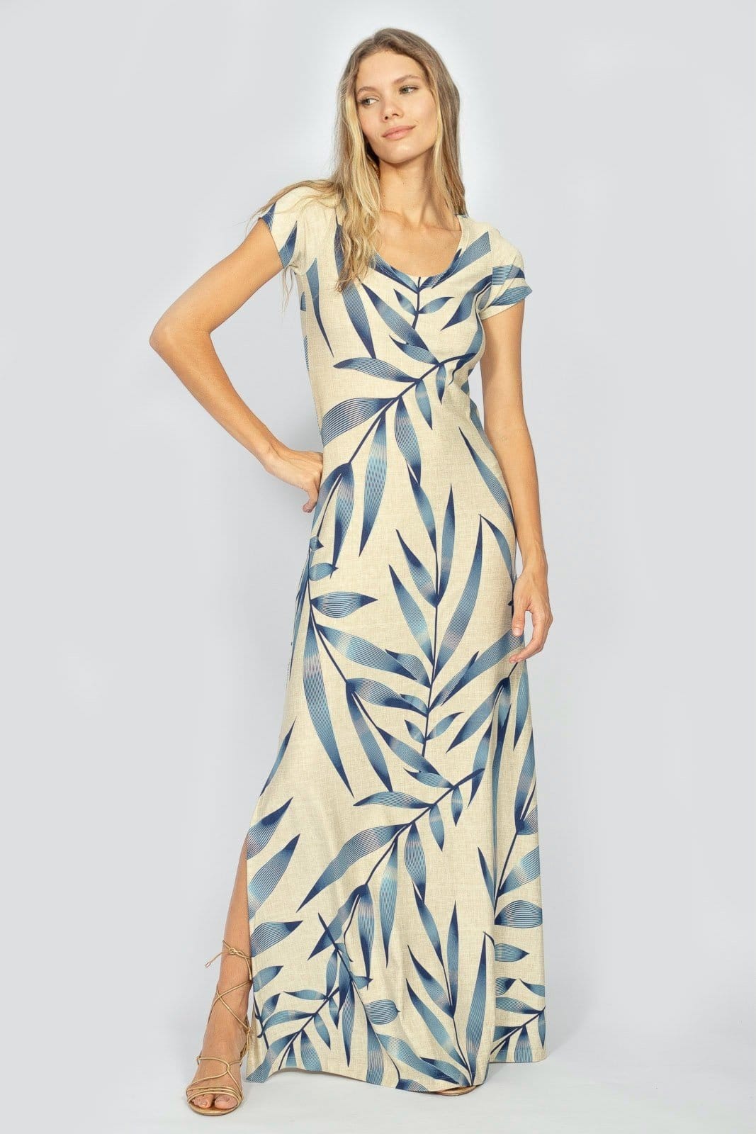 Vestido Longo Malha Gola Canoa Manga Curta Bambu l