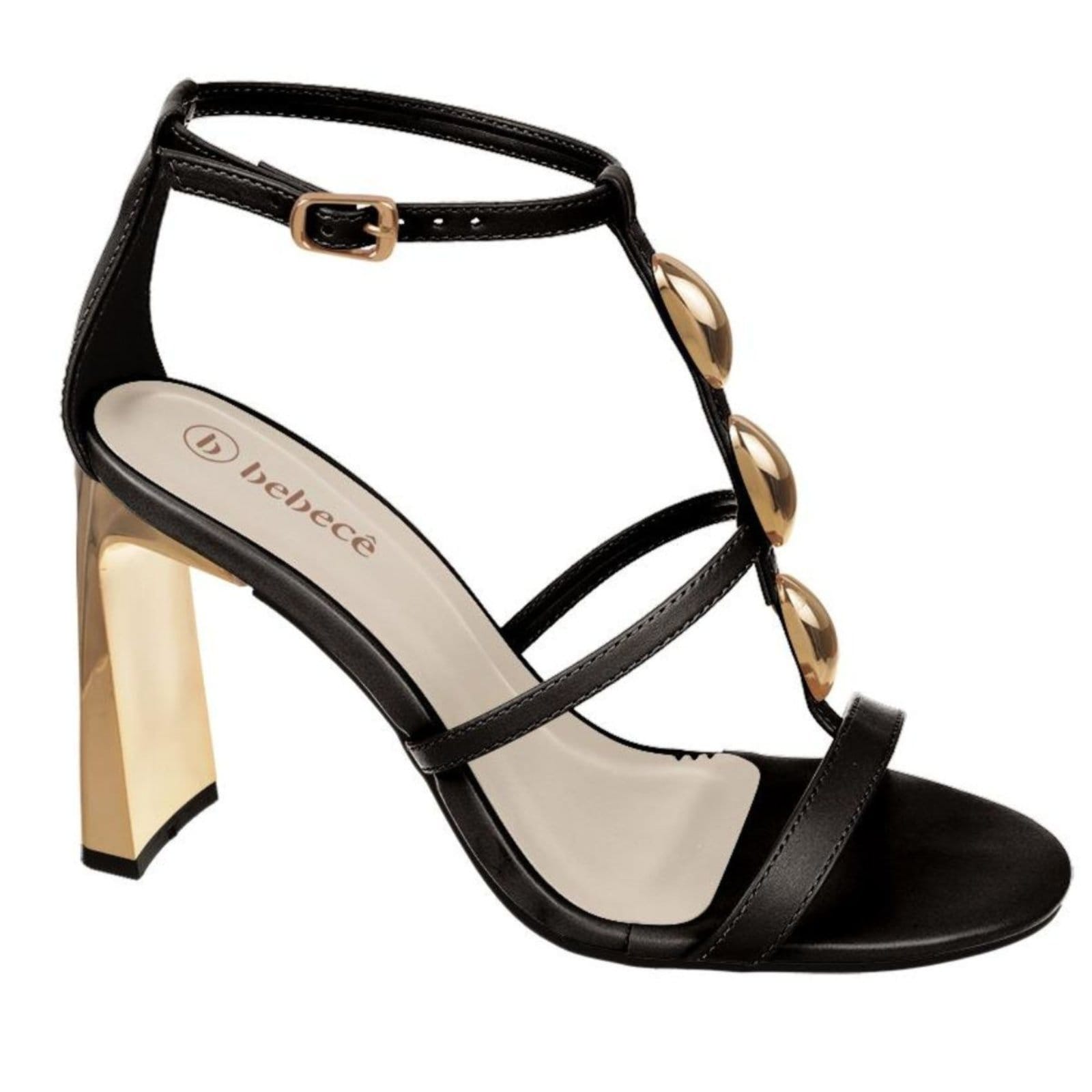 Sandália Feminina Preta Salto Alto Dourado