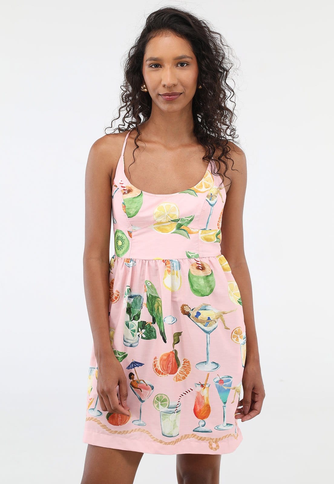 Vestido Feminino FARM Estampado Drinks e Fruit Claro