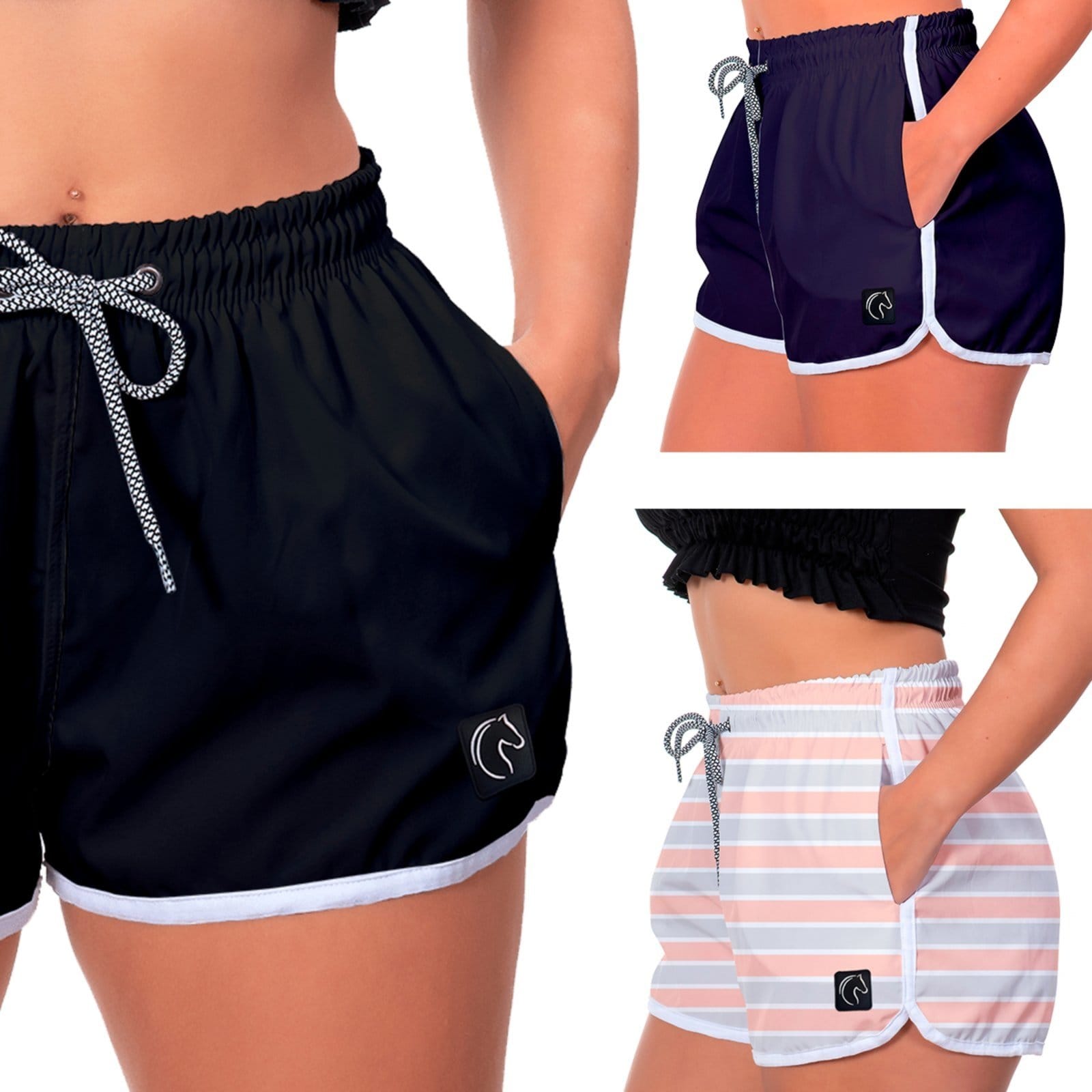 Kit 3 Shorts Feminino Premium Secagem Rápida com Elástico Cordão Ajustável e Bolsos Moda Praia Casual ou Treino Academia e Listrado
