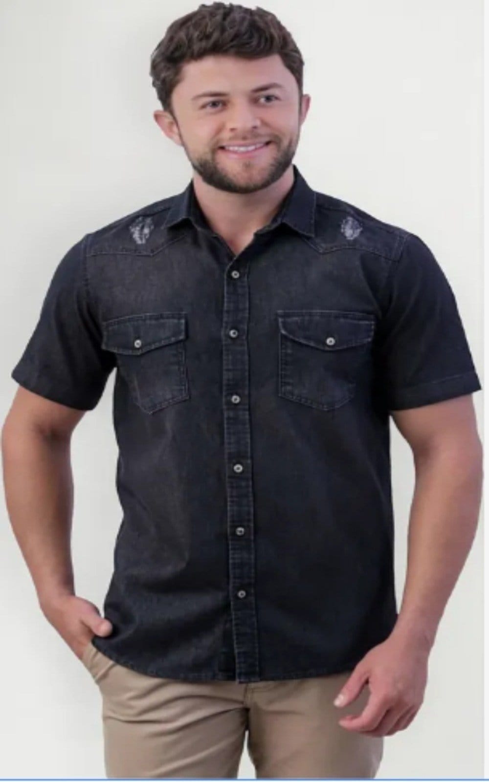 Camisa Jeans Amil 2 Bolsos Comfort Volcano Macia Manga Curta Luxo