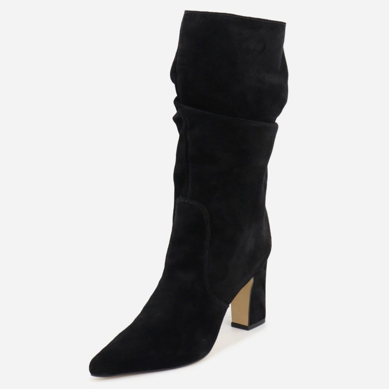 Bota Feminina Slouchy Enrugada em Couro Cano Médio Salto Grosso Bico Fino Maria Paula Camurça Preta