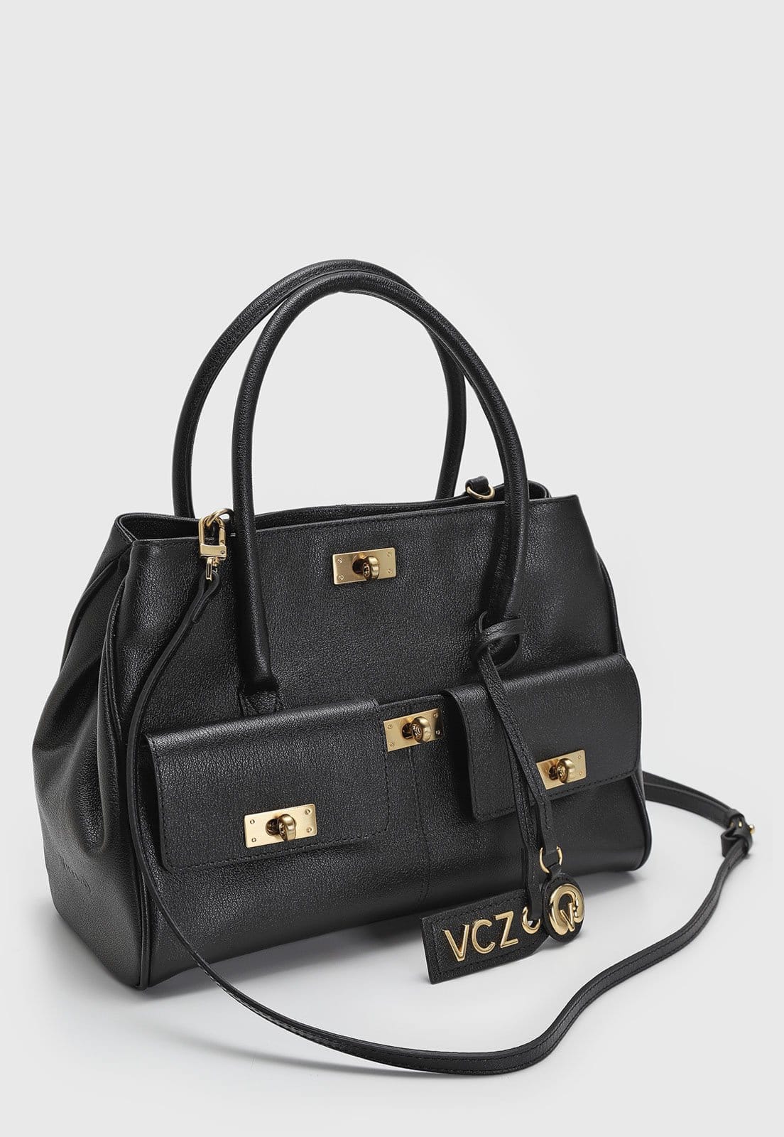 Vista 2 Bolsa Grande Feminina Vicenza Detalhes Dourados Preta Vicenza preto