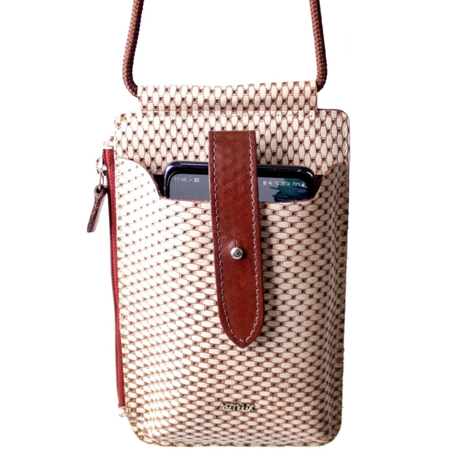 Vista principal Bolsa Transversal para Celular em Couro Artlux 9056 - CAFE COM Artlux bege/café/vermelho