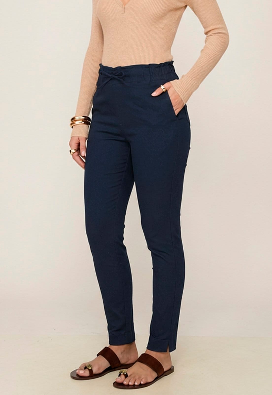 Calça Feminina Sarja Cintura Alta com Cordão Confortável Casual Versátil Marinho