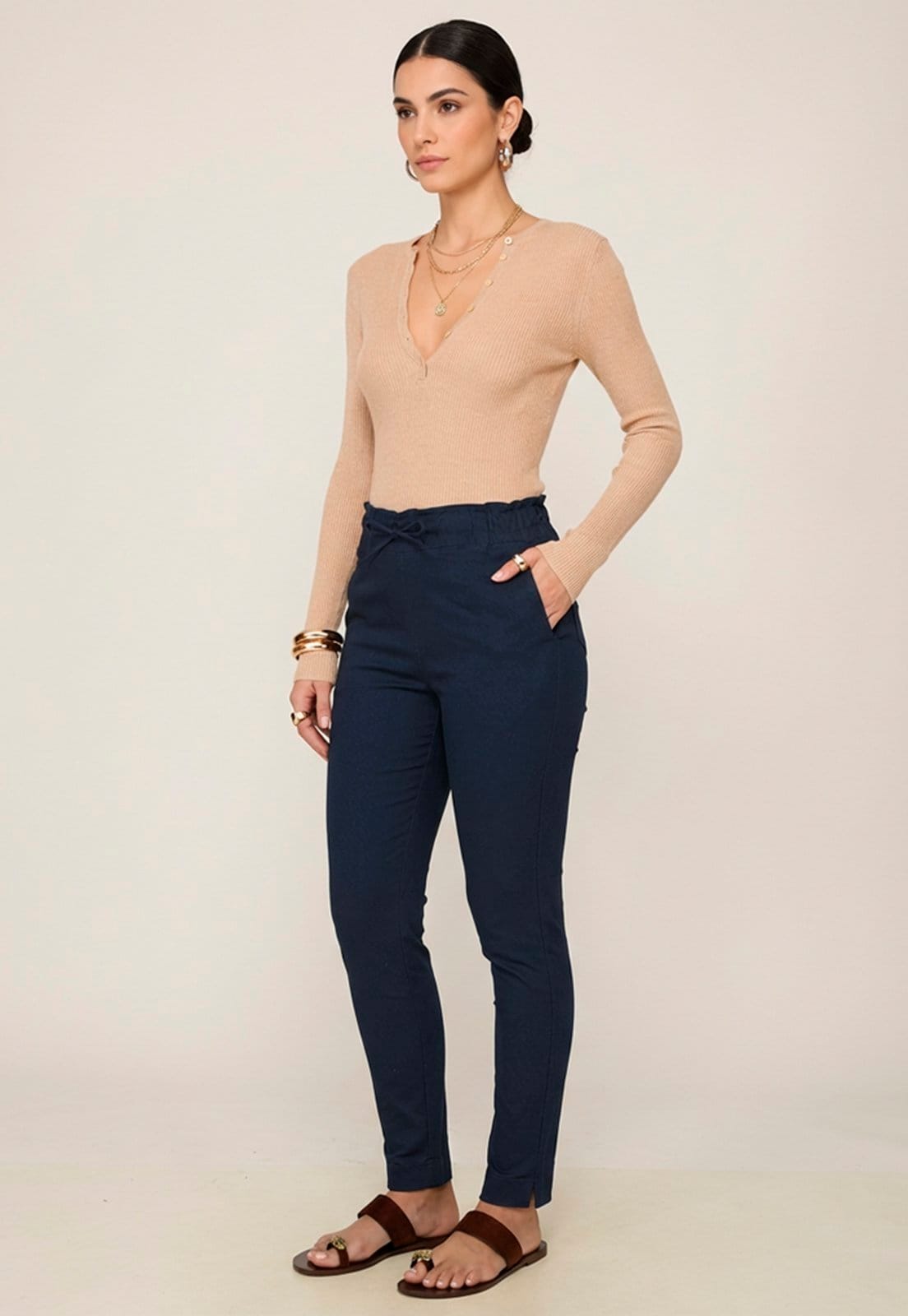 Vista 2 Calça Feminina Sarja Cintura Alta com Cordão Confortável Casual Versátil Marinho Macaw azul/azul marinho azul