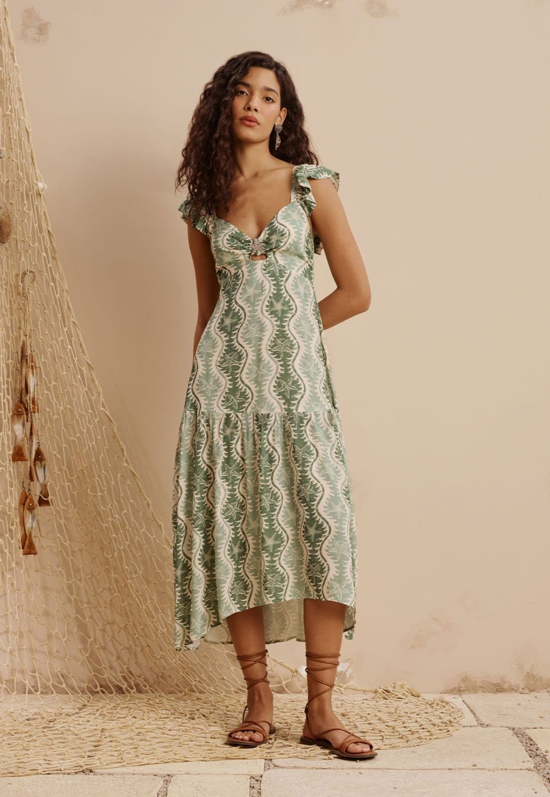 Vestido Midi Detalhe Estrela do Mar Estampado Rio