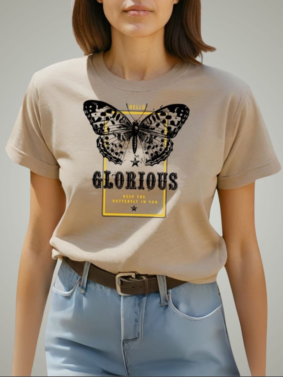 Camiseta Feminina T-shirt Plus Size GuGi Borboleta Estampada Camisa Blusa Caqui