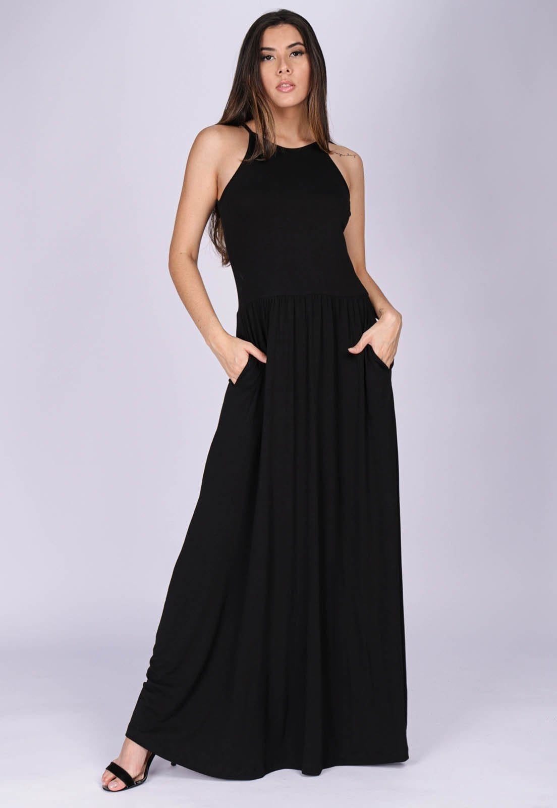 Vista 2 Vestido Longo Malha Trapézio com Bolso Jennifer Amazonia Vital preto