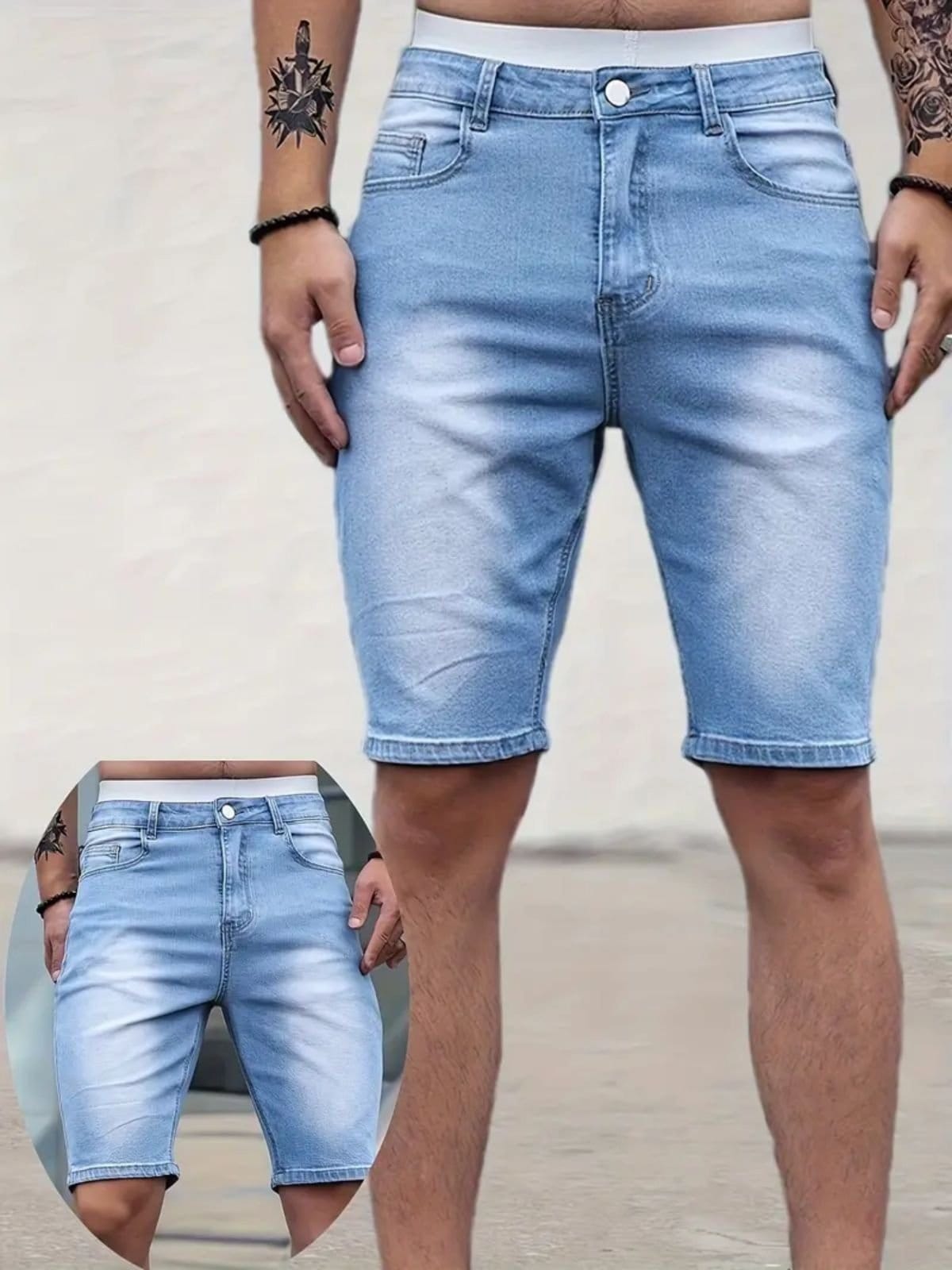 Bermuda Masculina Kovali Casual Skinny Premium Com Elastano Confortável Style Delavê Clara