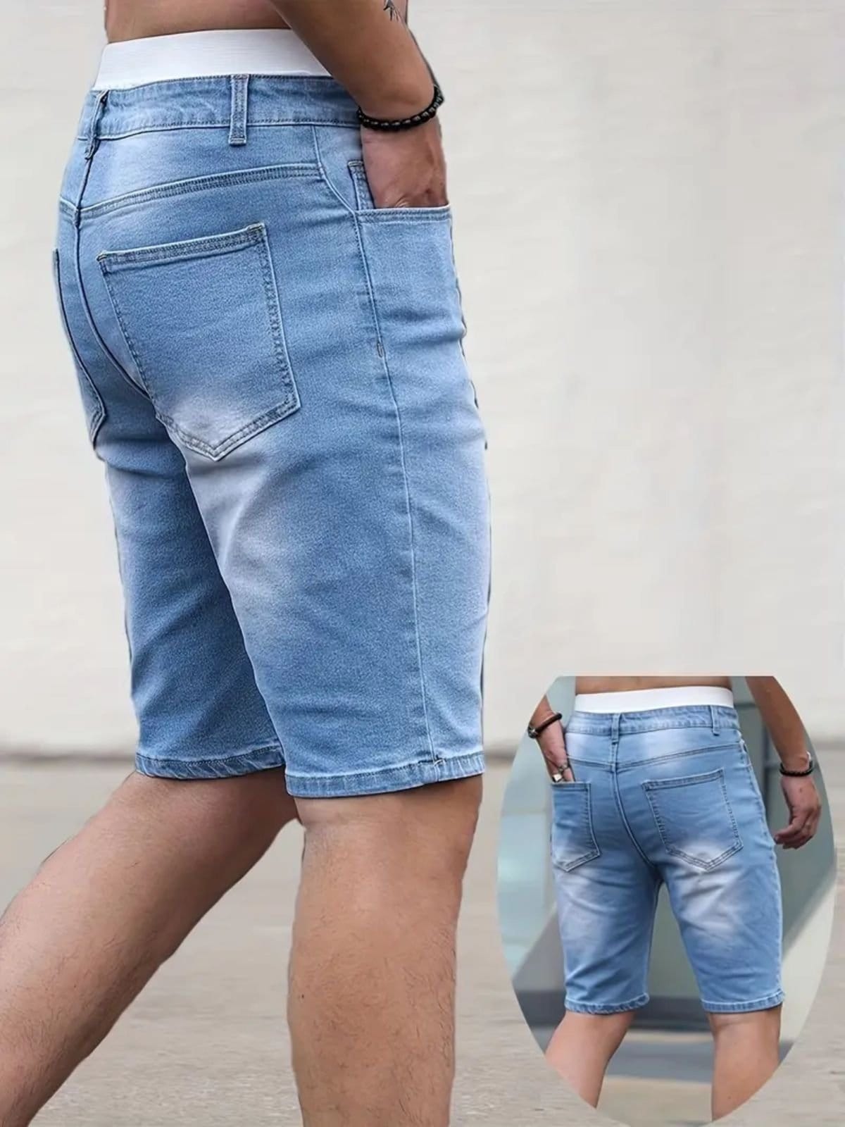 Vista 2 Bermuda Masculina Kovali Casual Skinny Premium Com Elastano Confortável Style Delavê Clara KOVALI FASHION STORE azul/jeans