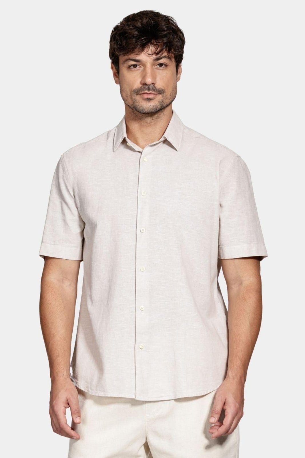 Camisa Aramis Manga Curta Regular Linho Algodão Caqui