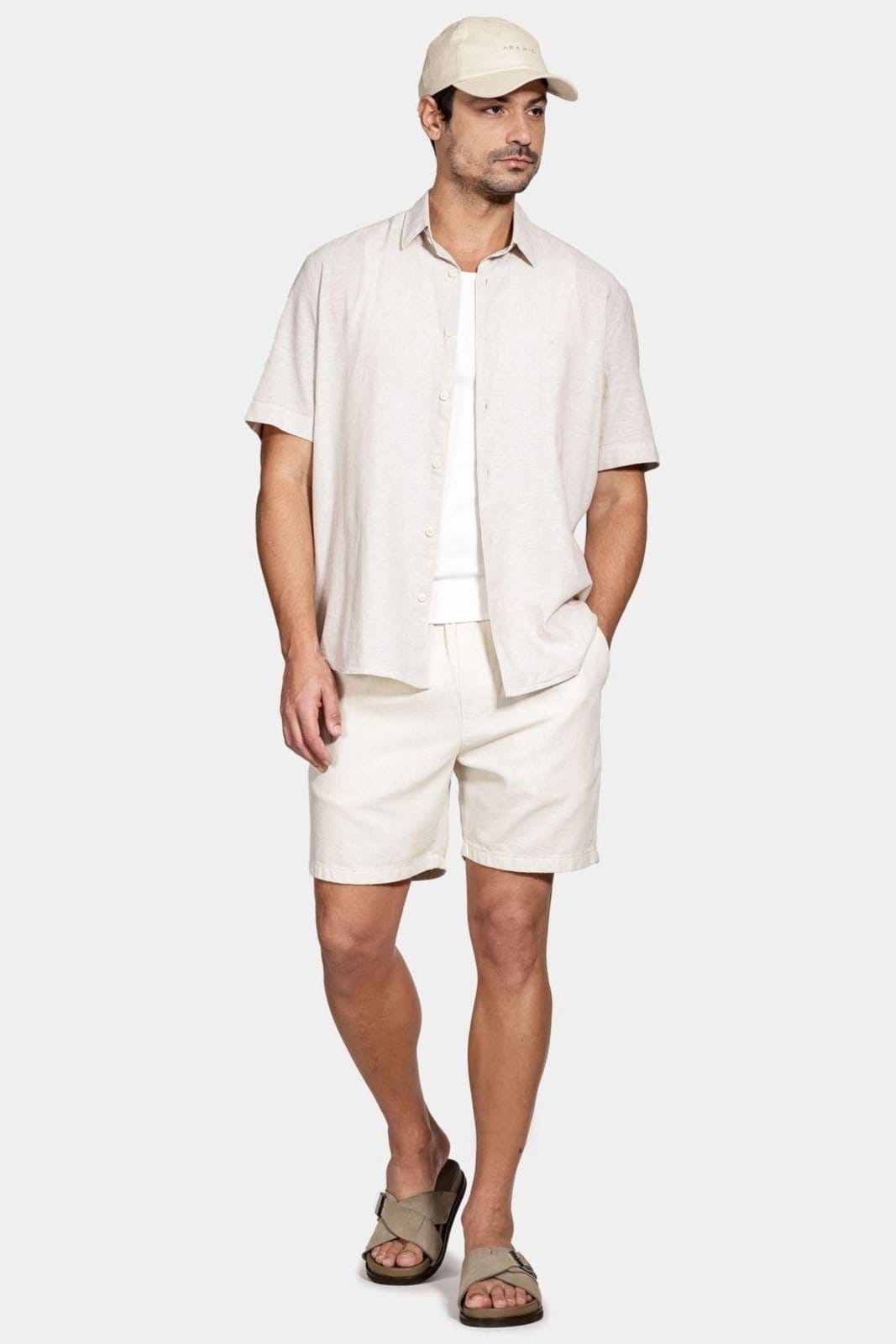 Vista 2 Camisa Aramis Manga Curta Regular Linho Algodão Caqui Aramis bege caqui