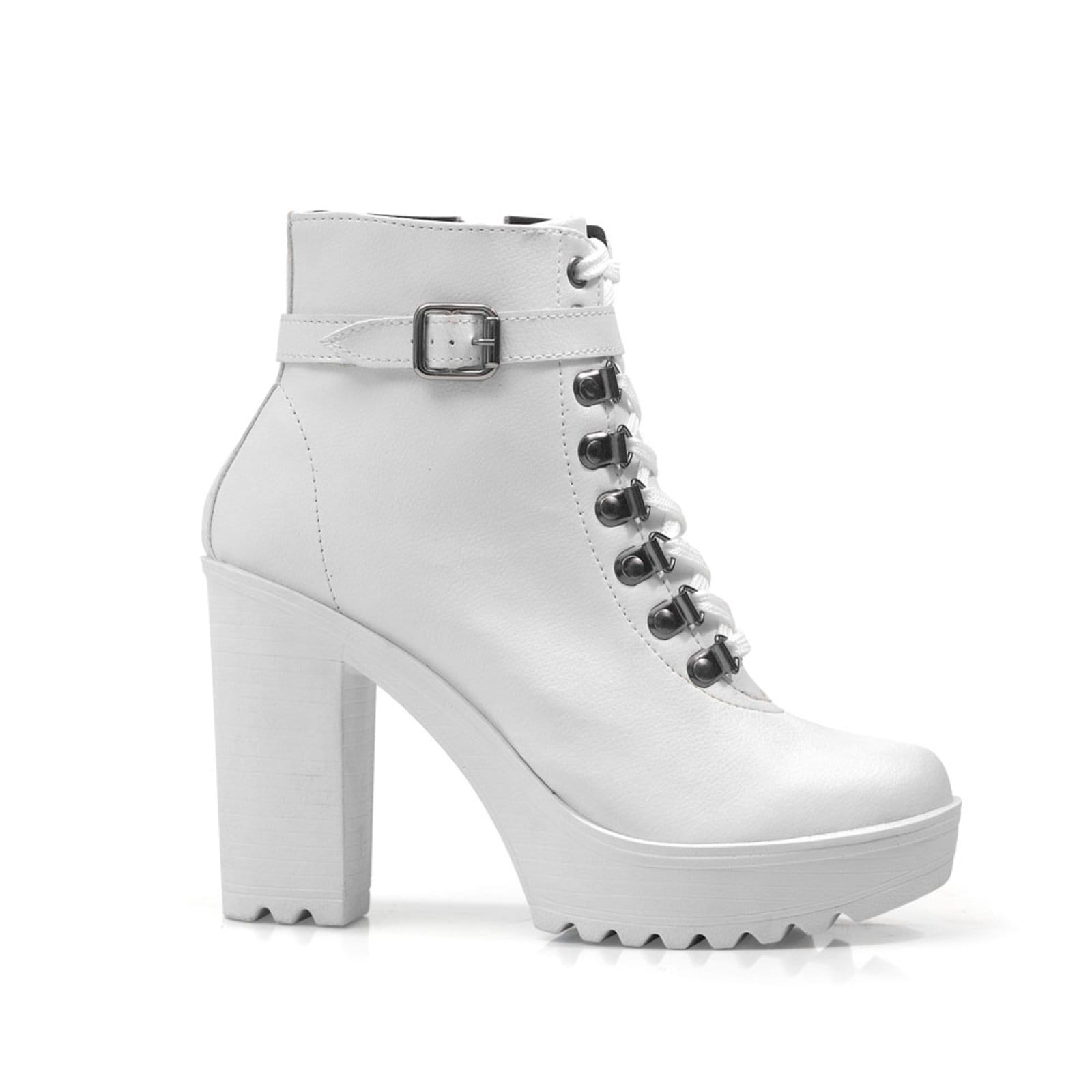 Vista 2 Coturno Feminino Bota Salto Alto Tratorada Fivela Branca Lavini Shoes branco