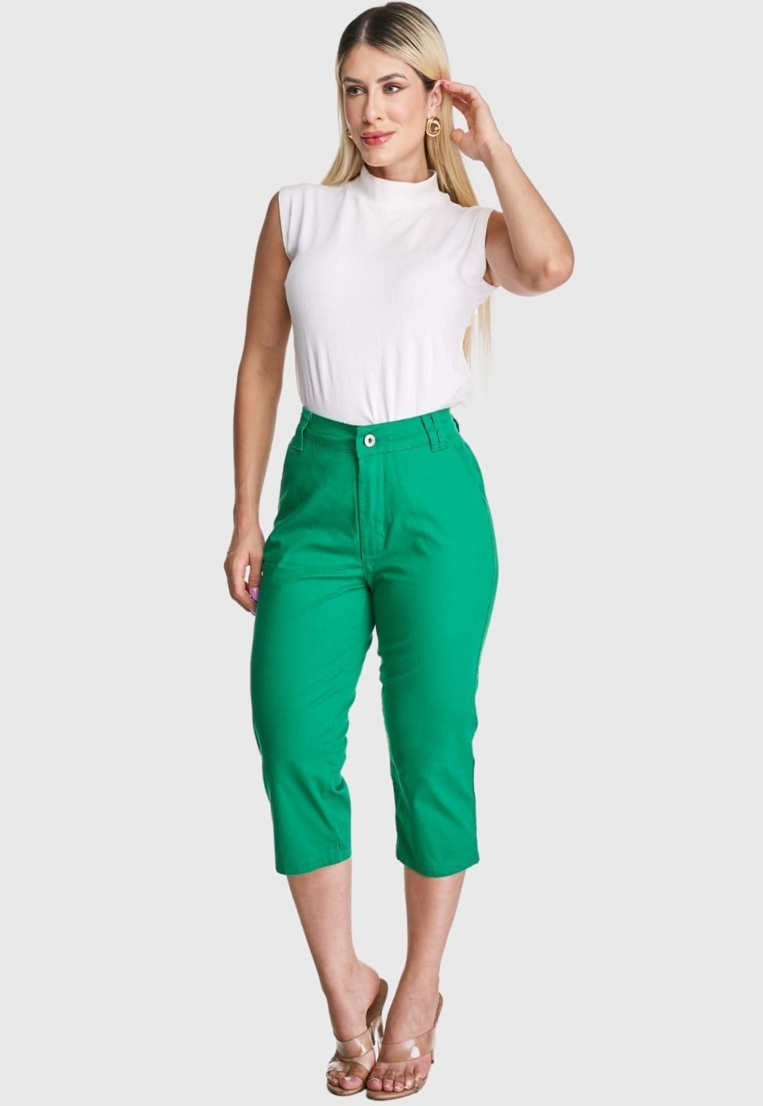 Vista 2 Calça Capri HNO Jeans Sarja Cintura Alta Elastano Classic HNO Jeans verde