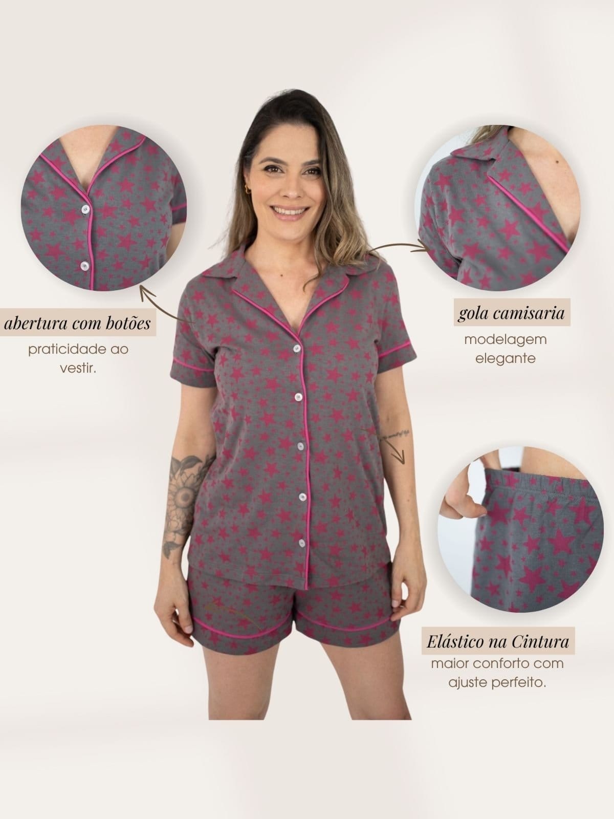 Vista 2 Pijama Algodão Americano Curto Flávia Estrelinhas - Chumbo Piante multicolorido