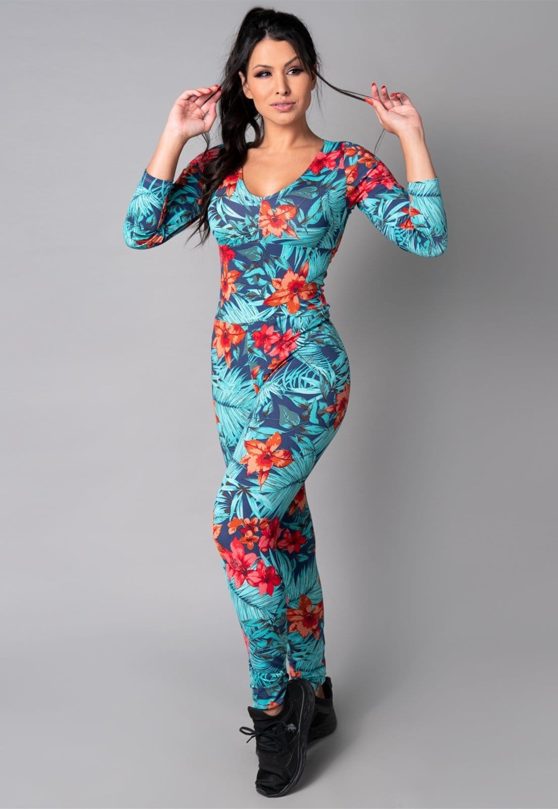 Macacão MVB Modas Longo Manga 3/4 Costa Fechada Fitness Suplex Amazônia